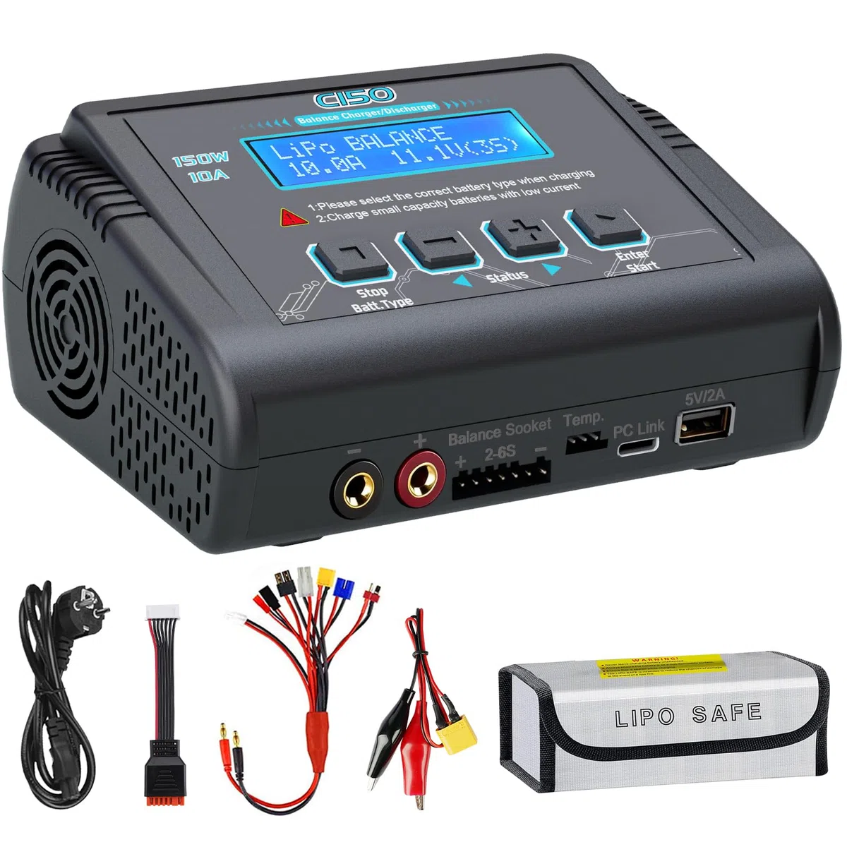 HTRC C150 Chargeur Lipo 150W 10A – Chargeur Batterie Lipo et Équilibreur pour LiHV/LiPo/Li-ION/Life (1-6S), NiMH/NiCd (1-15S), PB (2-20V) – Entrée AC/DC, Écran LCD, 20 Mémoires