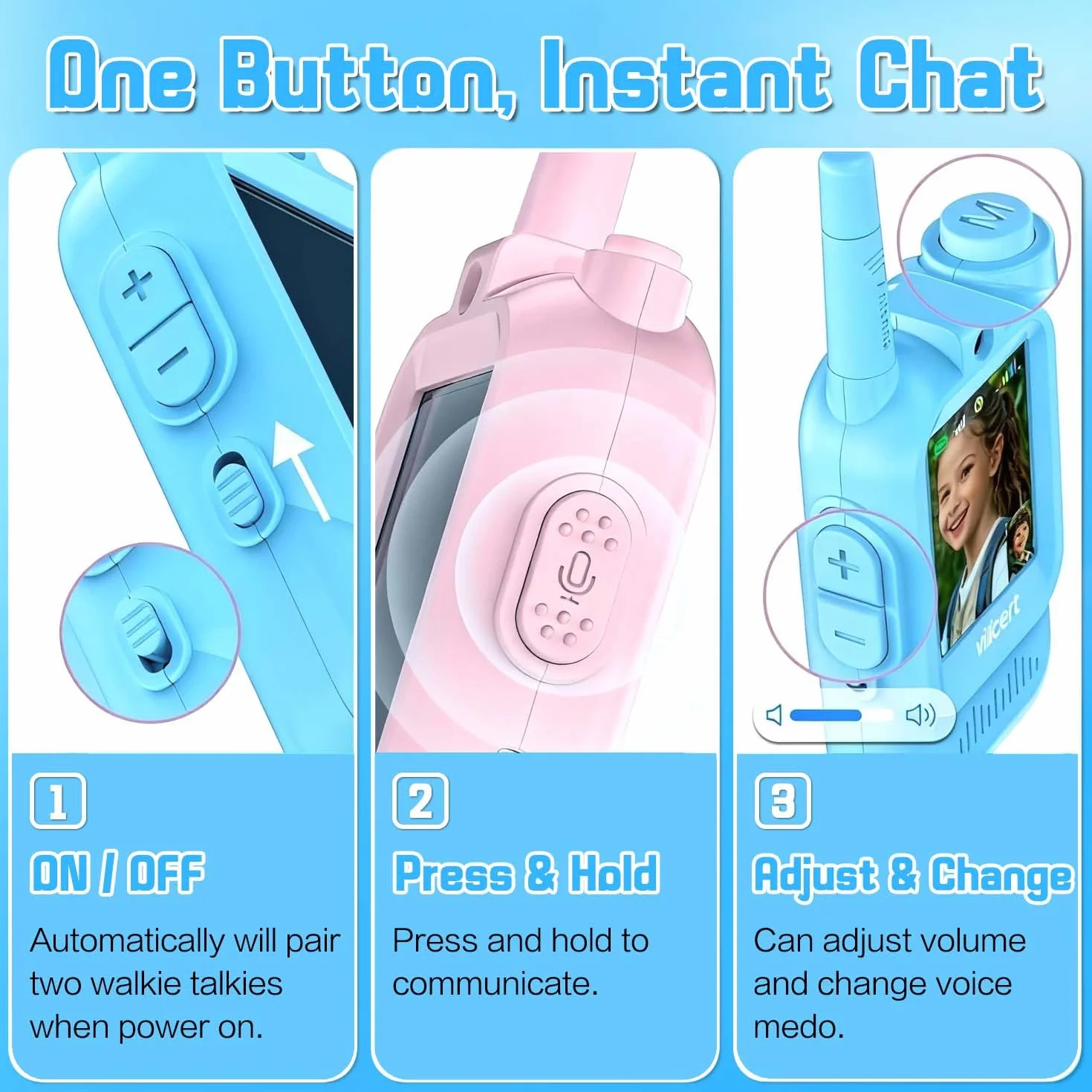 Talkie Walkie Enfant Caméra Vidéo Rechargeables 2pcs Cadeau Fille 3-12 Ans Portée 200m