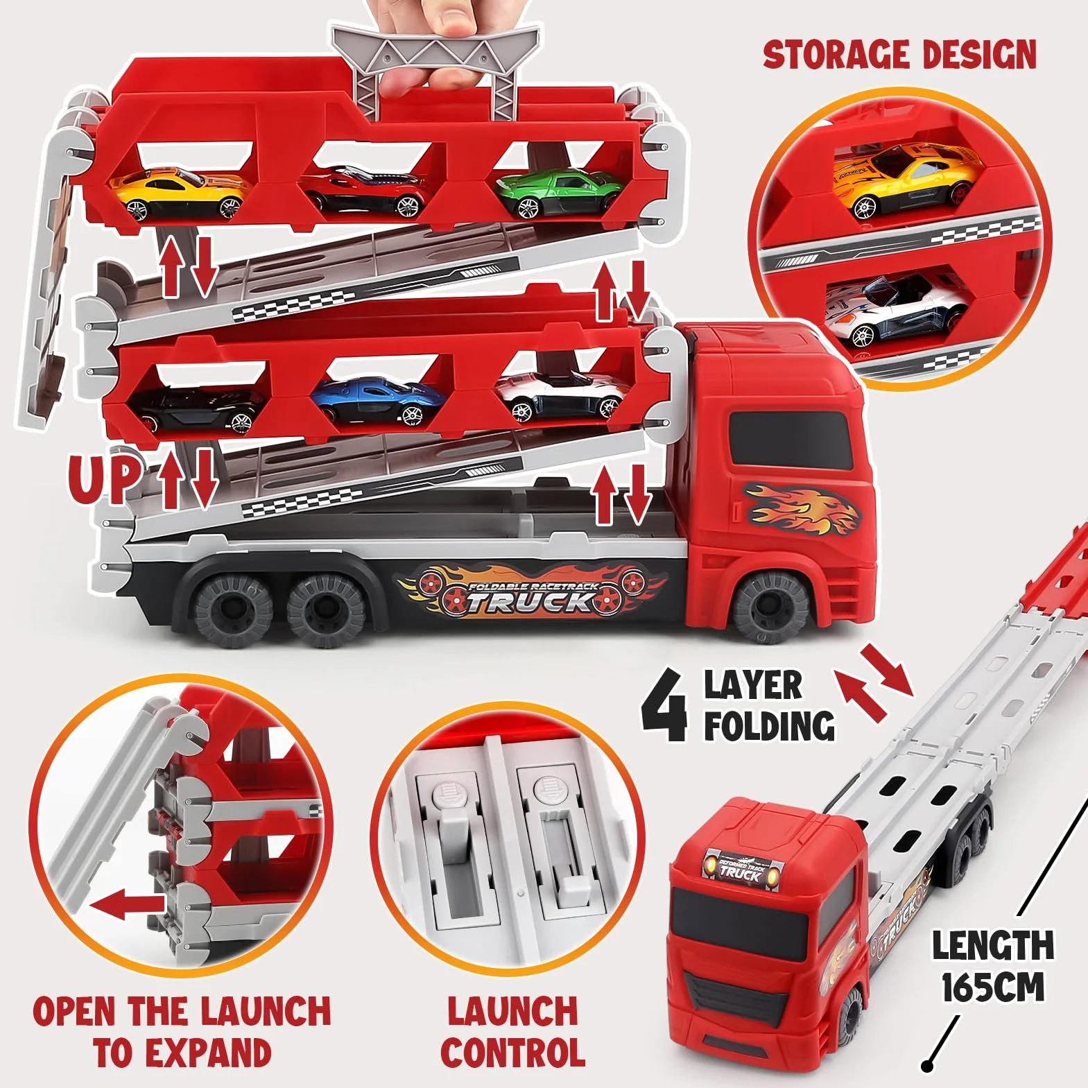 Aoskie Camion de Course Pliable Double Couche avec 6 Voitures à Tirer en Alliage pour Enfants