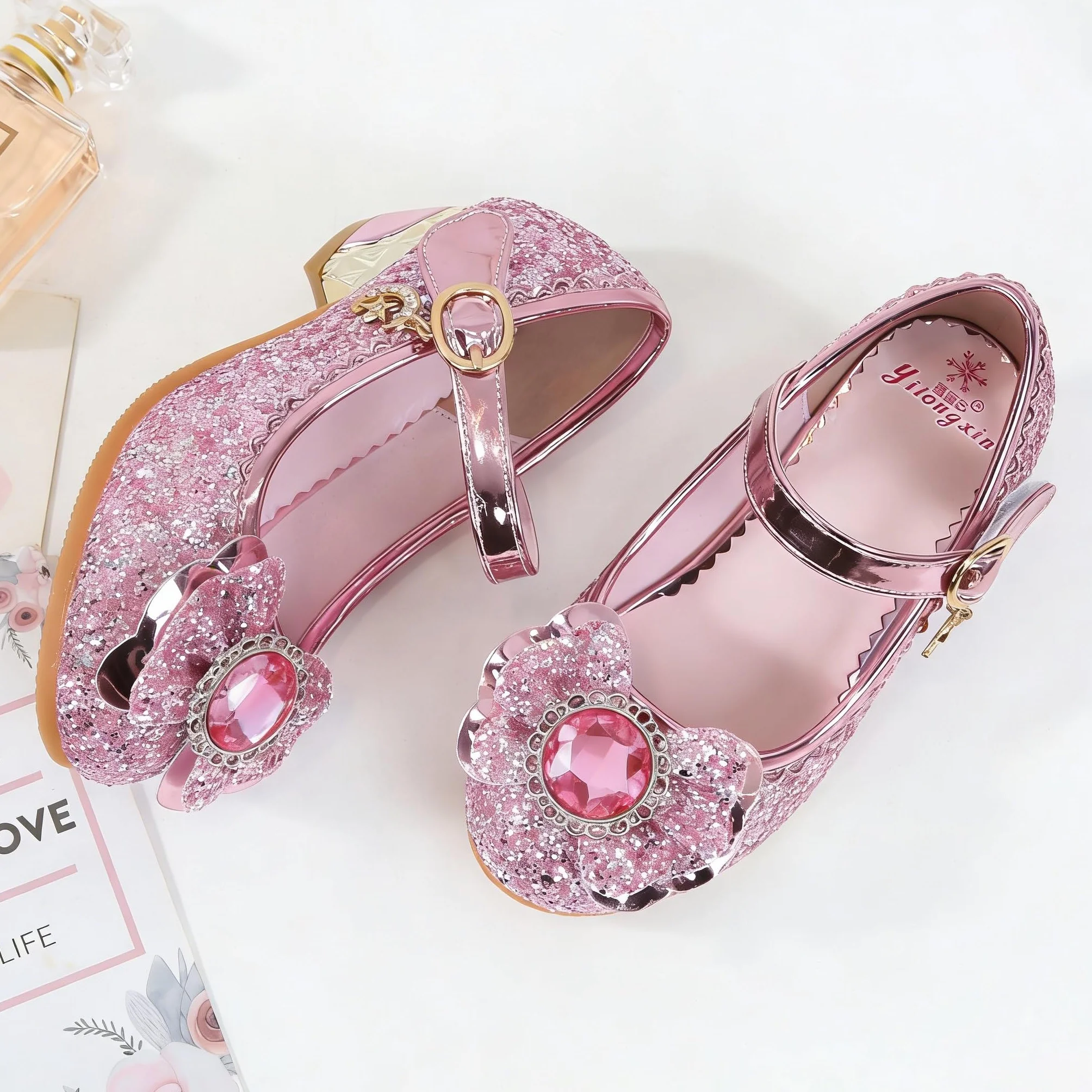 Chaussures Princesse Filles Paillettes Antidérapantes Talons Hauts Danse Fête Anniversaire Mariage 3-14 Ans Rose 24 EU