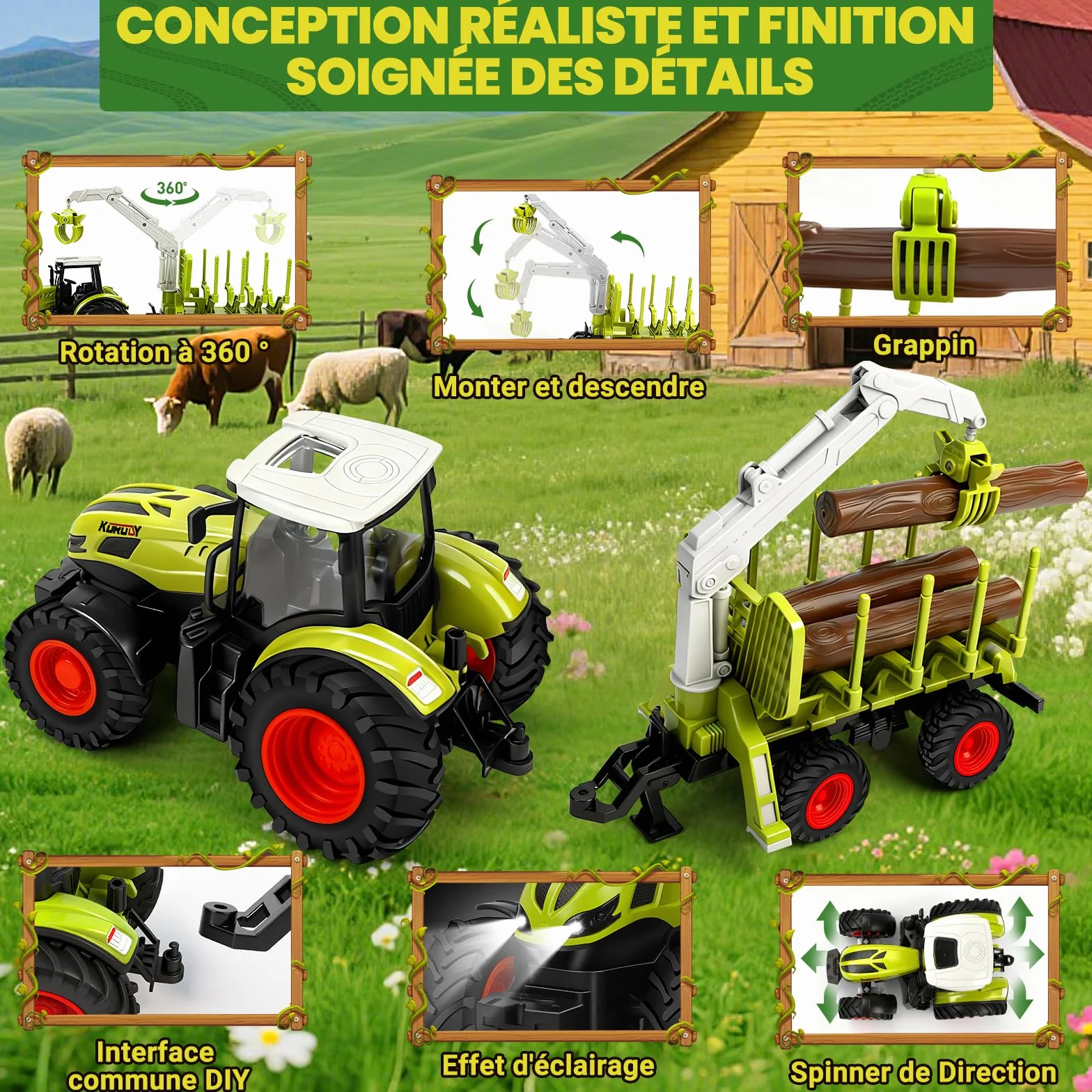 BuzzoXerex Tracteur Télécommandé Enfant avec Remorque Vache Jouet Ferme 3 4 5 Ans