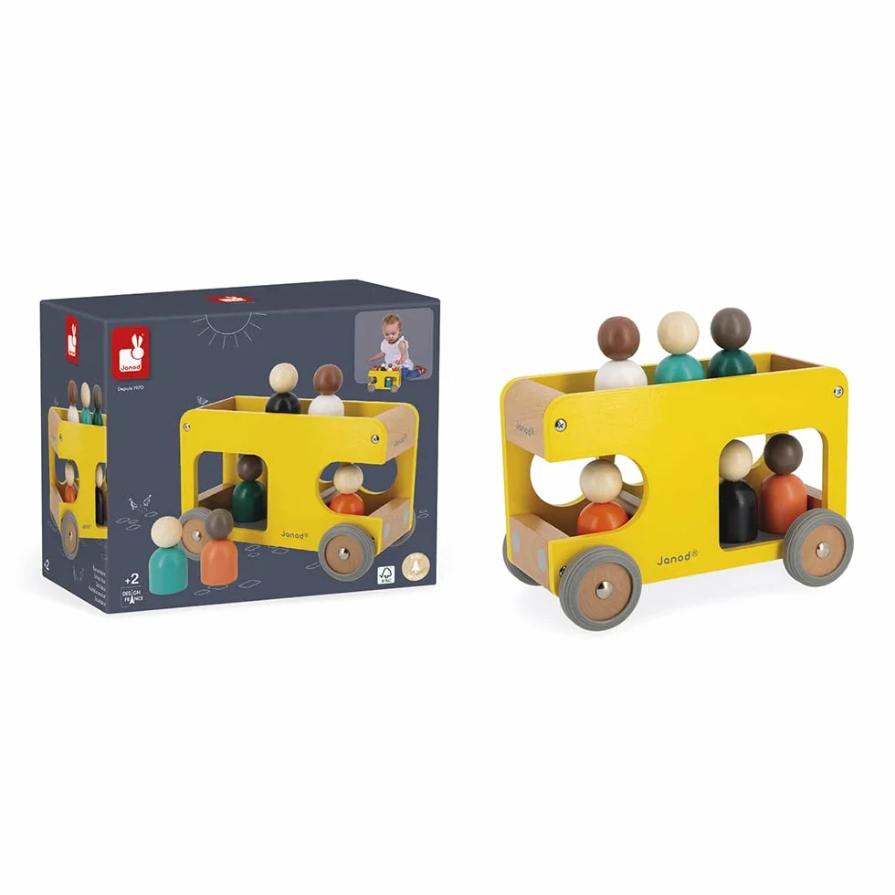 Janod Bus Scolaire en Bois Massif Bolid - 6 Personnages Inclus - Roues Silencieuses - Dès 2 Ans