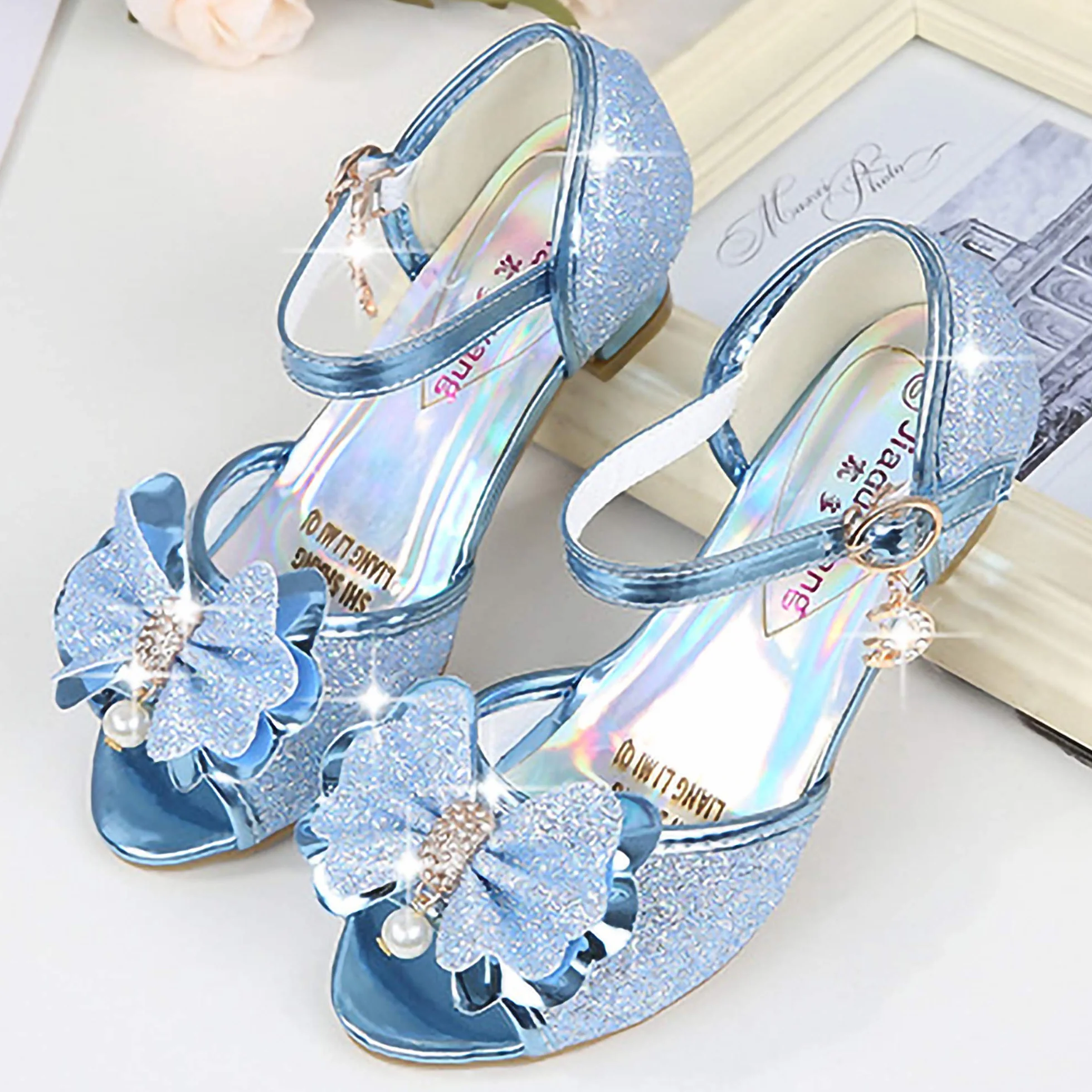 Sandales Princesse Paillettes Argenté Bleu Fille Halloween Noël Anniversaire Ballerine Talon Déguisement