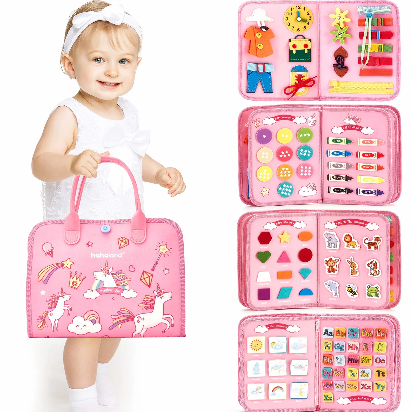 hahaland Busy Board Jouet Montessori 7 en 1 Licorne Jouet Éducatif 5 Couches Planche