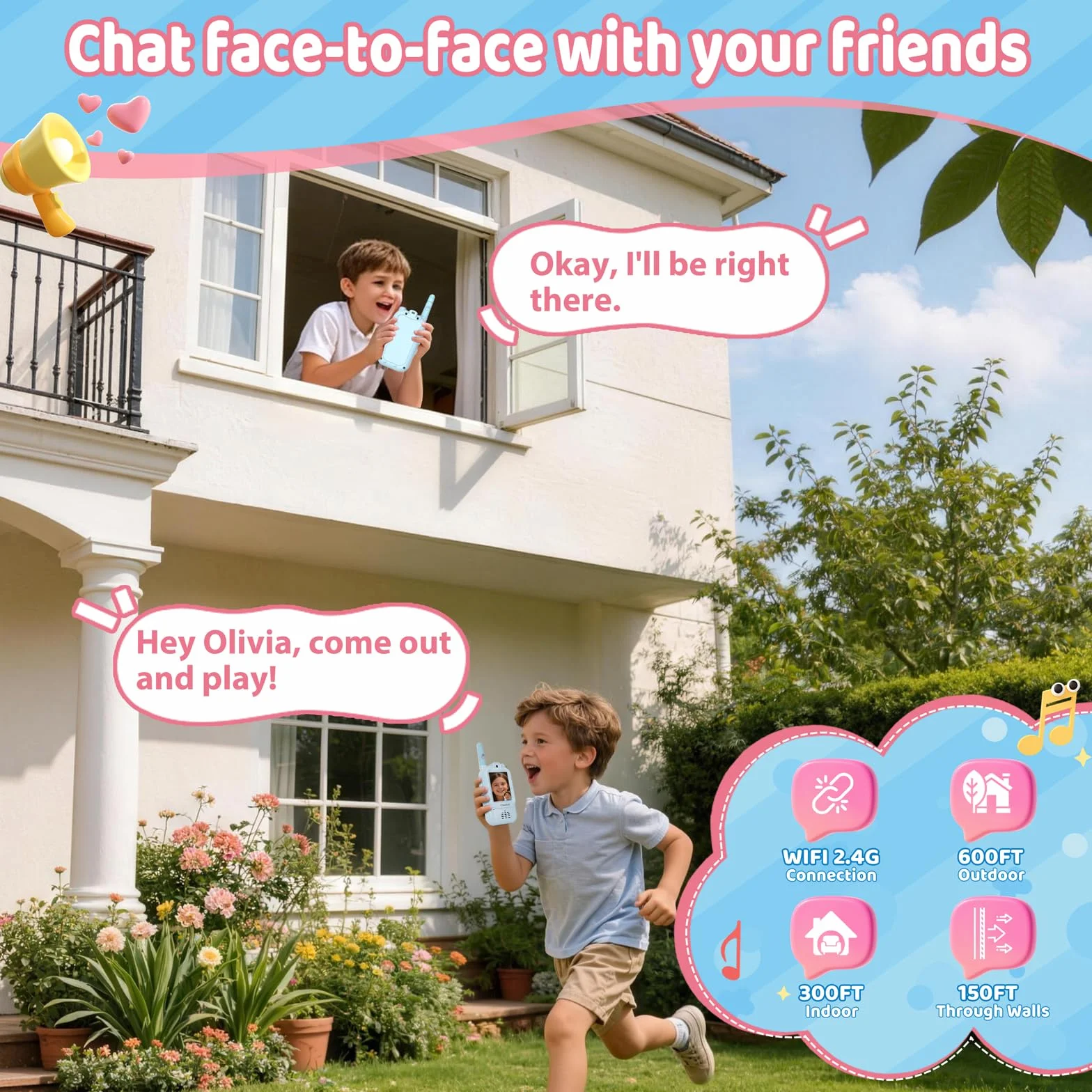 Talkie Walkie Enfant Longue Portée Rechargeable Écran LCD 2" Appel Vidéo 6 Effets Vocaux Appareil Photo Pack de 2 Bleu