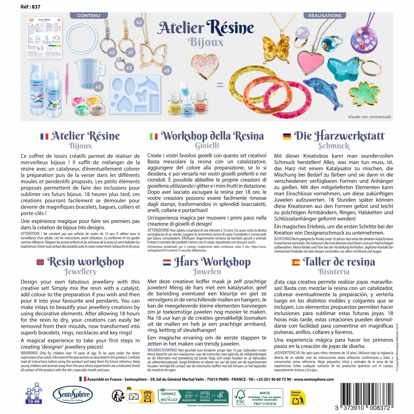 Sentosphère L'Atelier de Résine Kit de Loisir Créatif Résine de Bijoux Cadeau Fille 10 Ans Enfants Assemblé en France