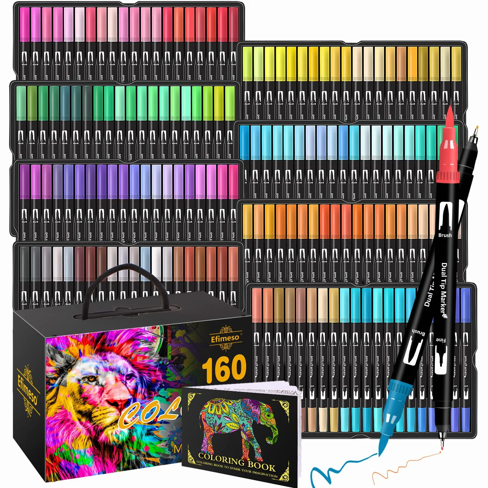 Efimeso Stylo Feutre 160 Feutres Coloriage Adulte, Marqueur Pinceau Double Pointe, Feutre Aquarelle Fineliners Dessin Croquis Livre Coloriage