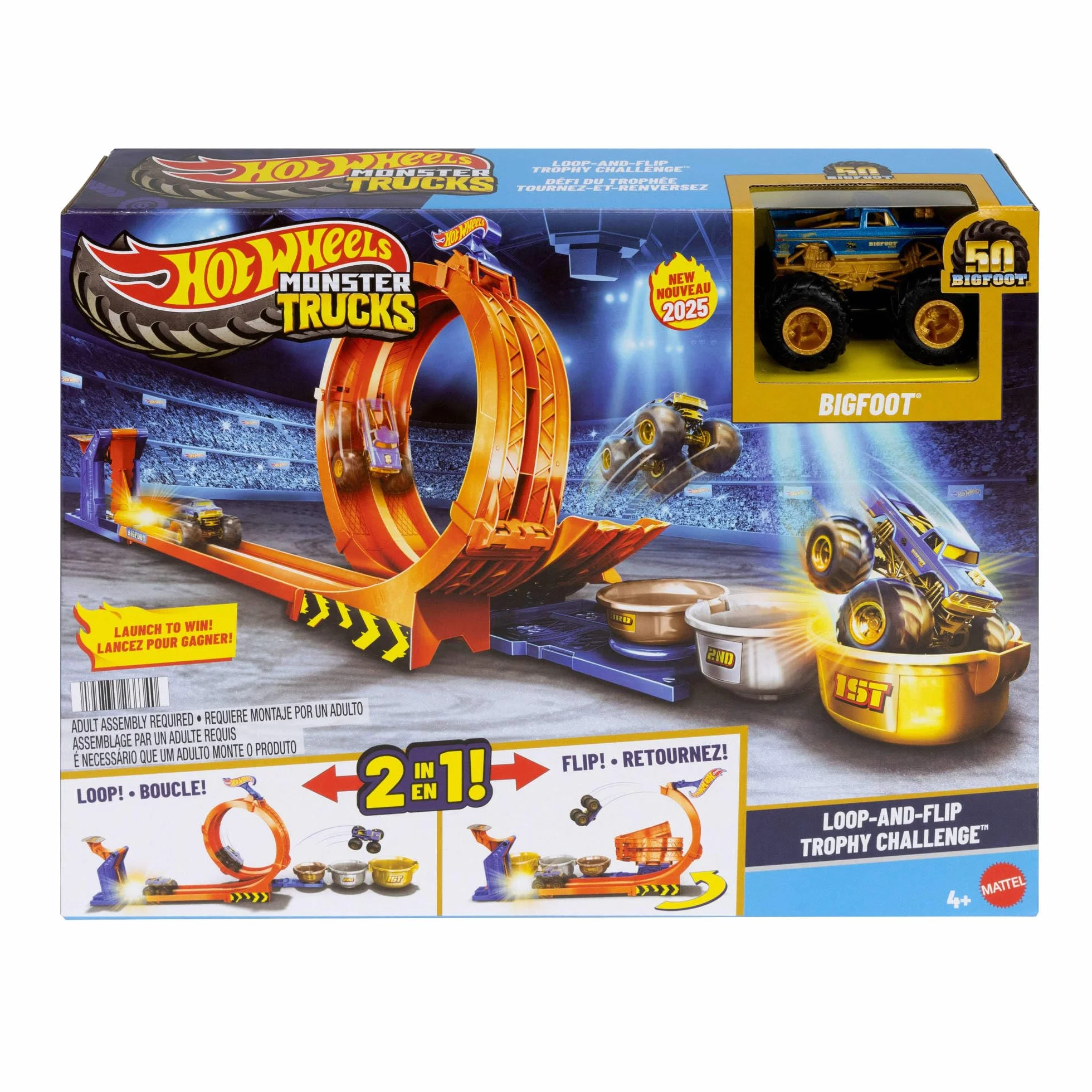 Hot Wheels Monster Trucks Défi du Trophée Tournez-et-Renversez Coffret Bigfoot 50ème anniversaire métal échelle 1/64, 2 façons de jouer, JBX64