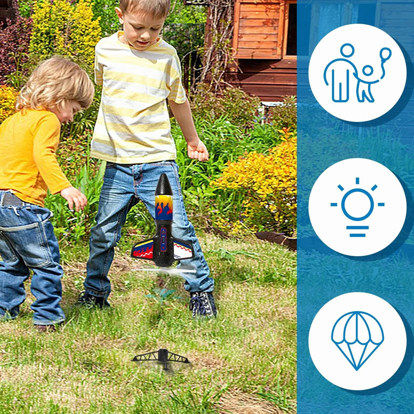 Kids Rocket Toy Launching Rocket with Parachute ABS Material LED Light Educational Science Outdoor Fun 18.3x9x24cm