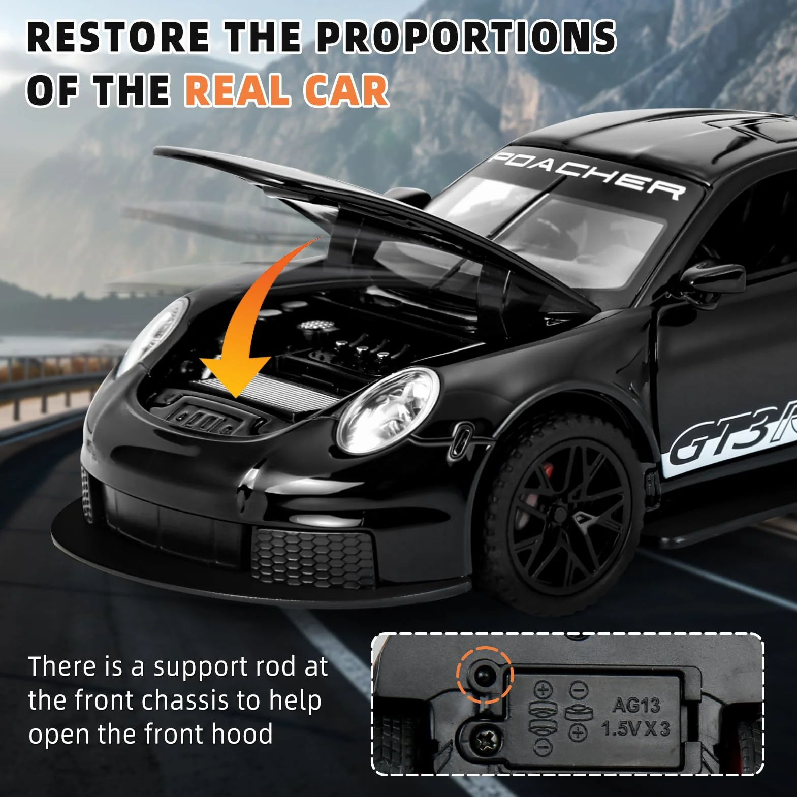 911 GT3RS 1:32 Voiture Miniature en Métal Moulé sous Pression avec Son et Lumière, Jouet pour Enfants (Noir)