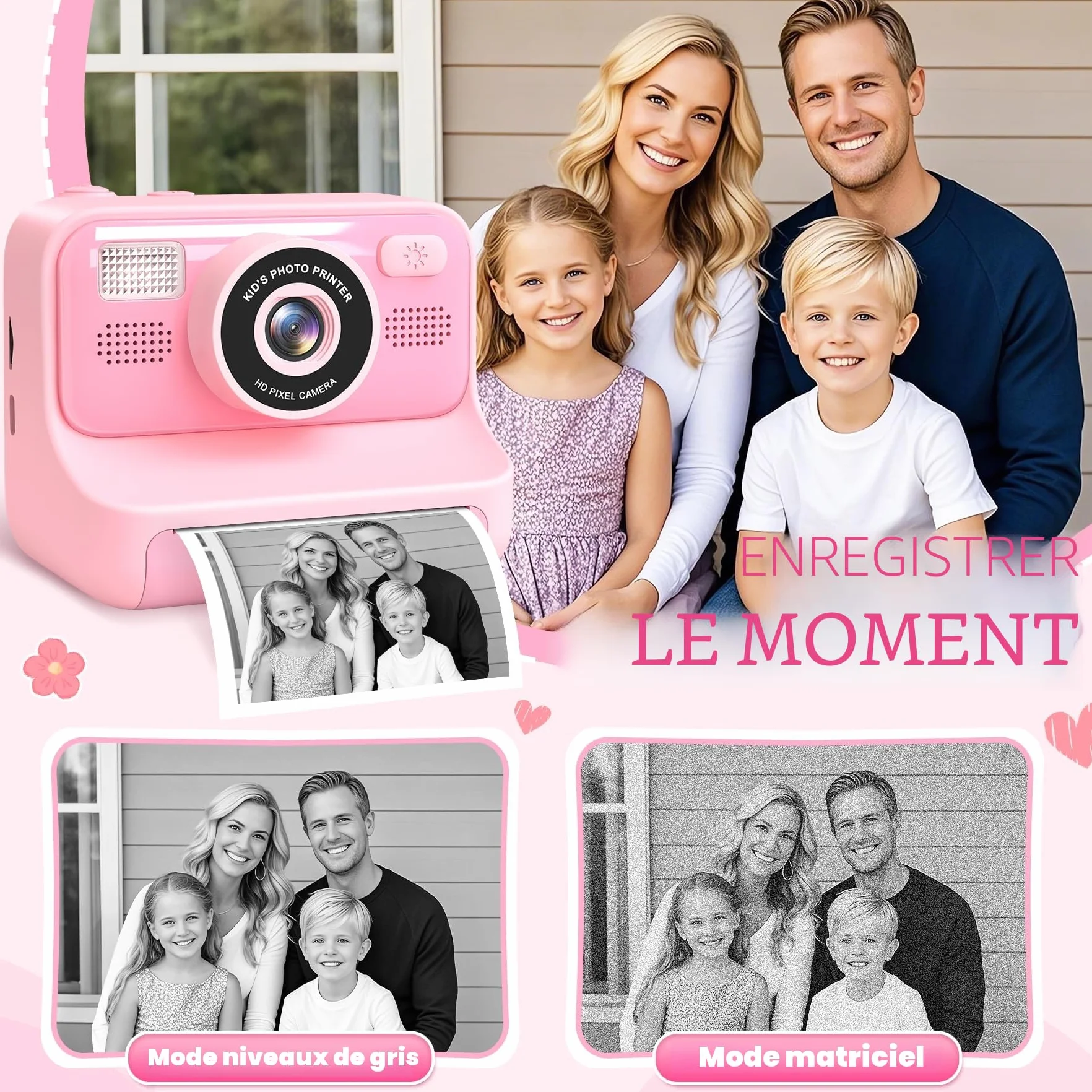 Appareil Photo Instantané Enfant 2.4 Écran Numérique avec Mode Selfie 32GB Papier d'impression Cadeau Jouet Garçons Filles 3-12 Ans Rose