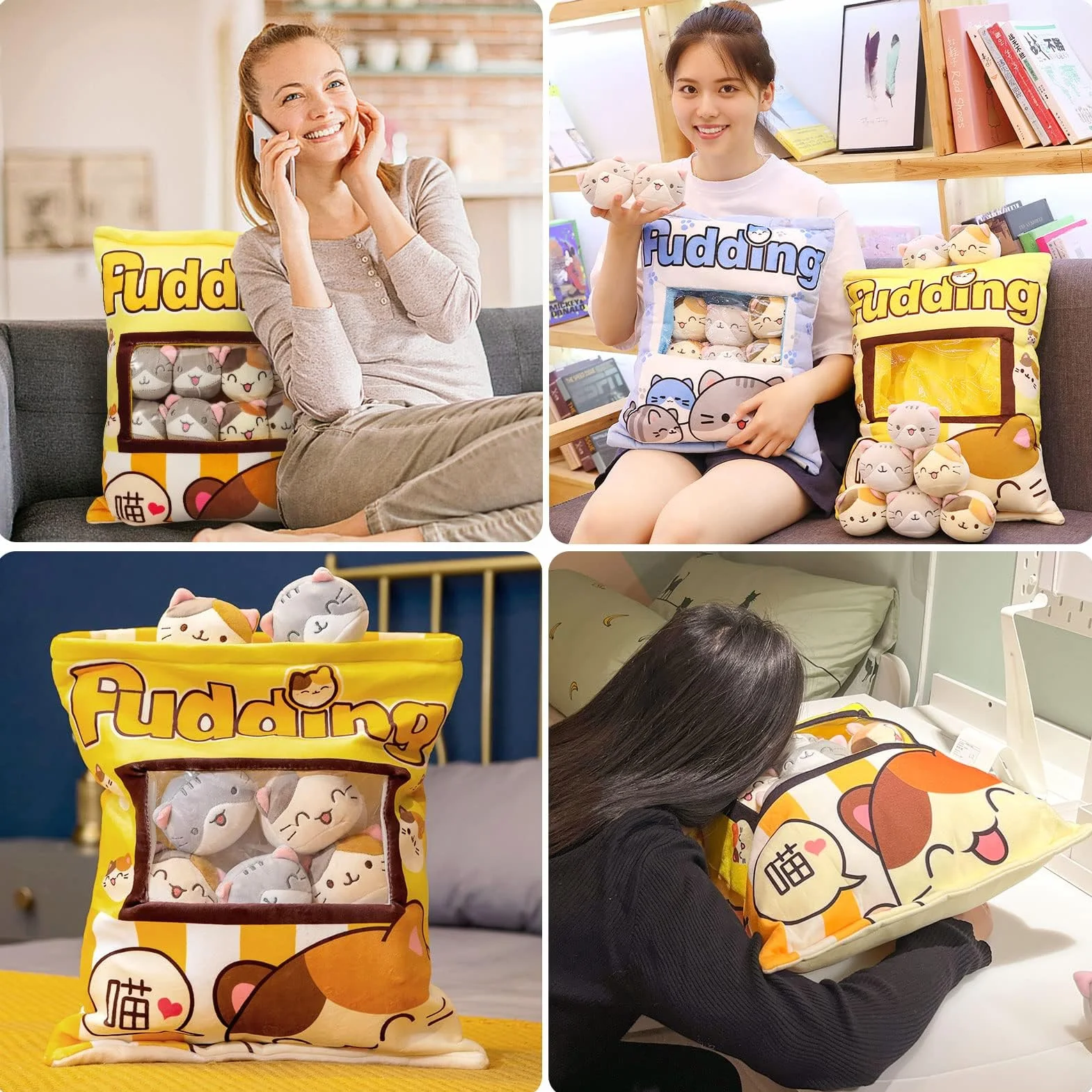 Coussin Oreiller Kawaii avec Poupée Amovible 8 Chatons Jaunes