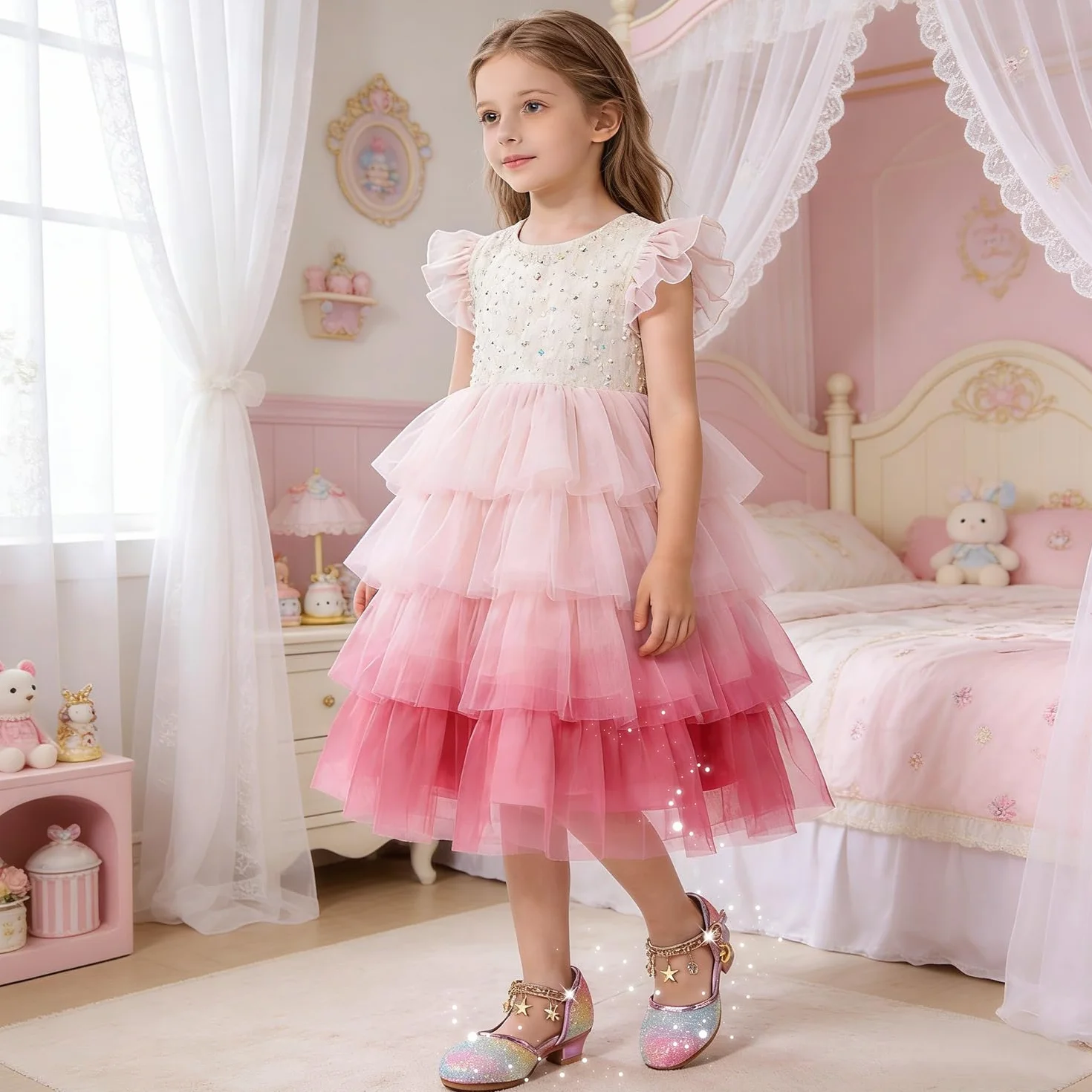 Chaussure Princesse Fille Paillettes Talon Haut Sandale Crystal Bling