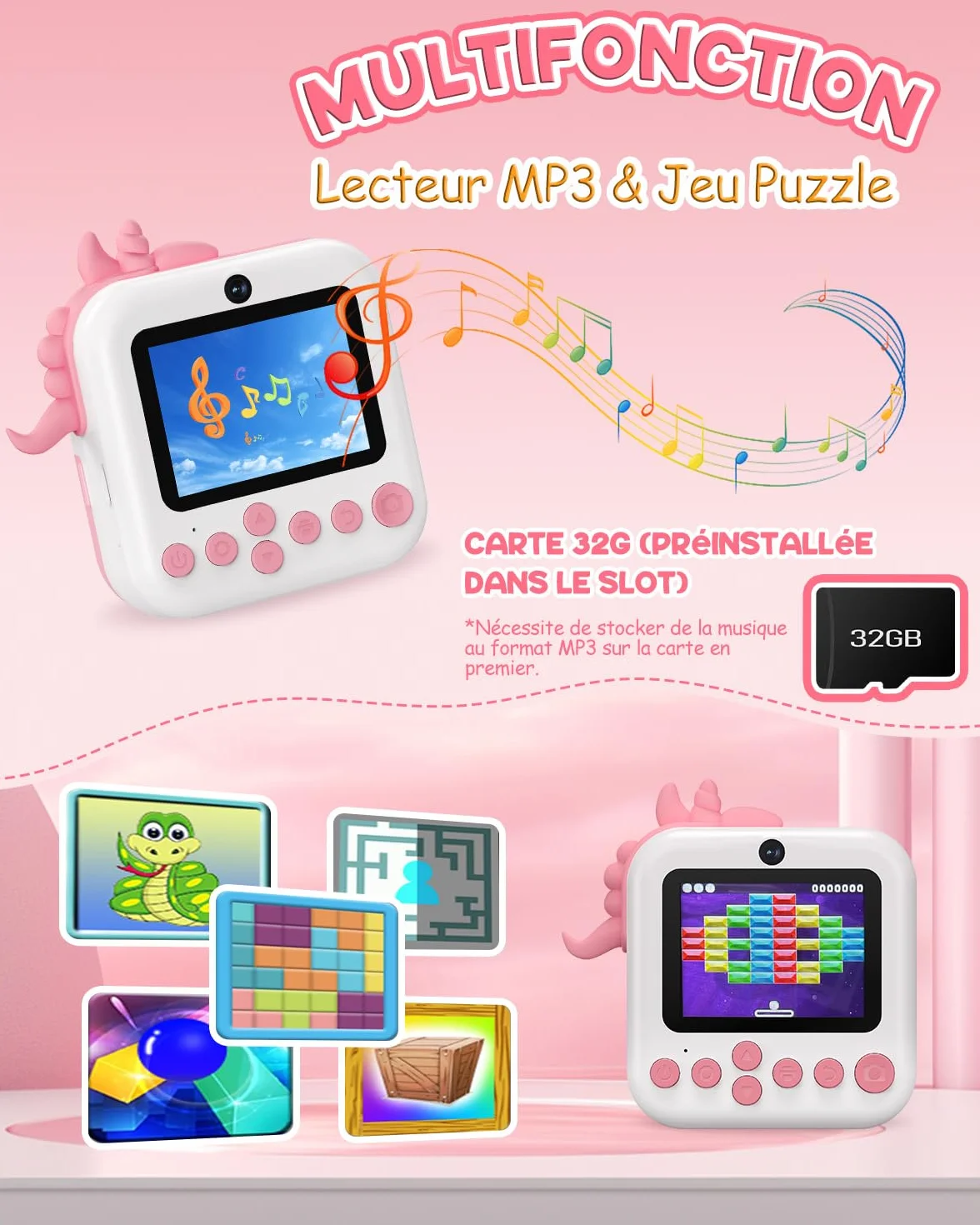 Appareil Photo Enfant 2,4" Instantané Rechargeable avec Papier d'impression 32GB Cadeau Filles Garçons 3-12 Ans