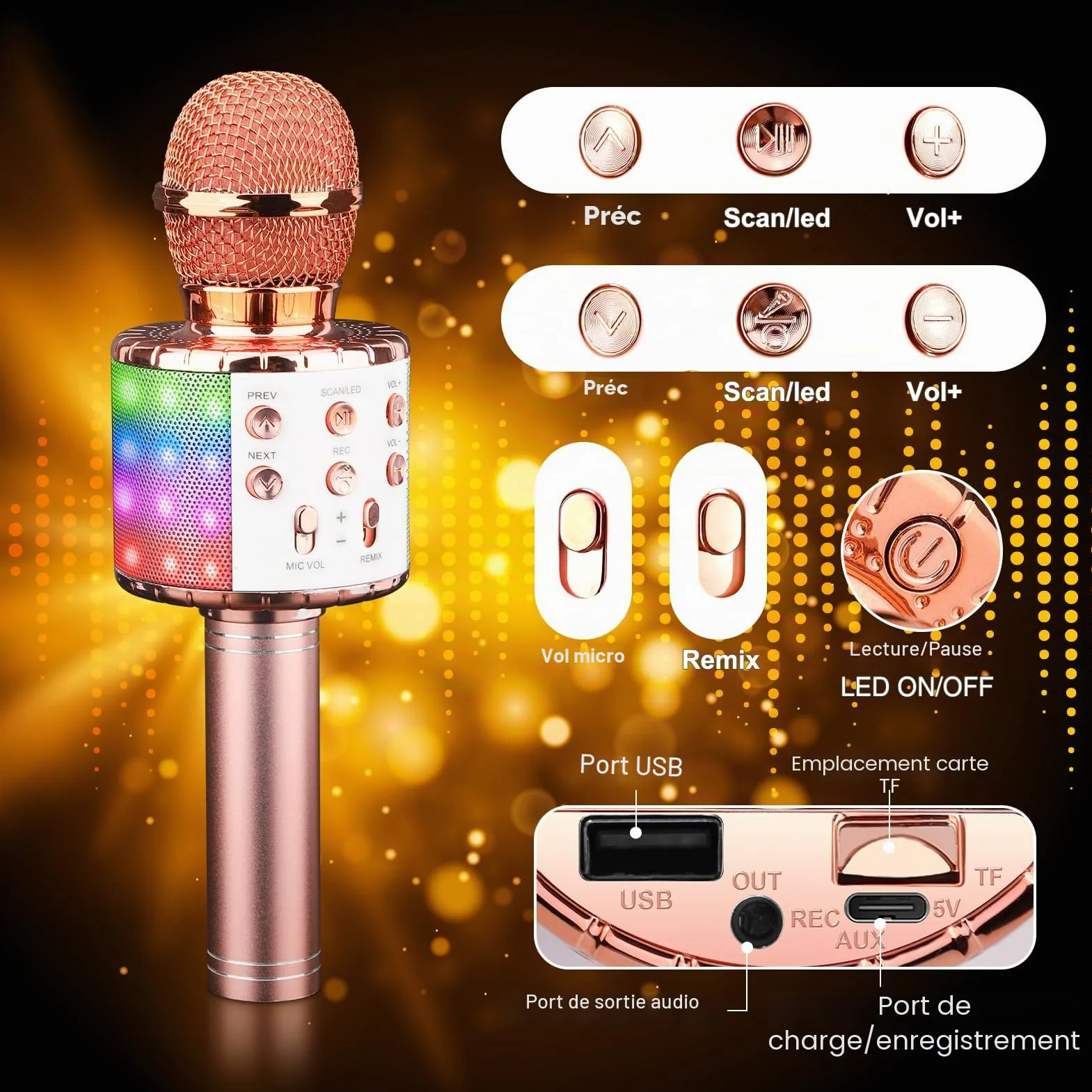 Microphone Karaoke sans Fil Bluetooth Portable avec LED Lumière Disco pour Enfants Adultes Chanter Compatible Android iOS PC Smartphone Or Rose
