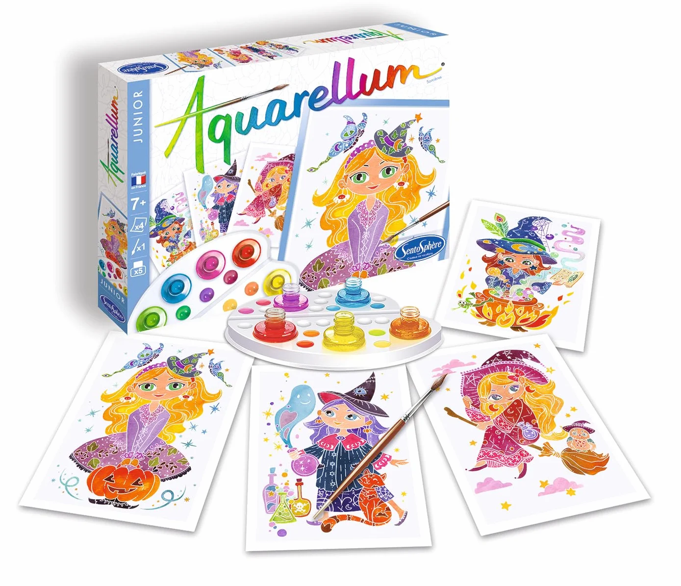 SentoSphère Aquarellum Junior Kit peinture magique enfant dès 6 ans Sorcieres 4 tableaux 5 peintures créatives Made in France