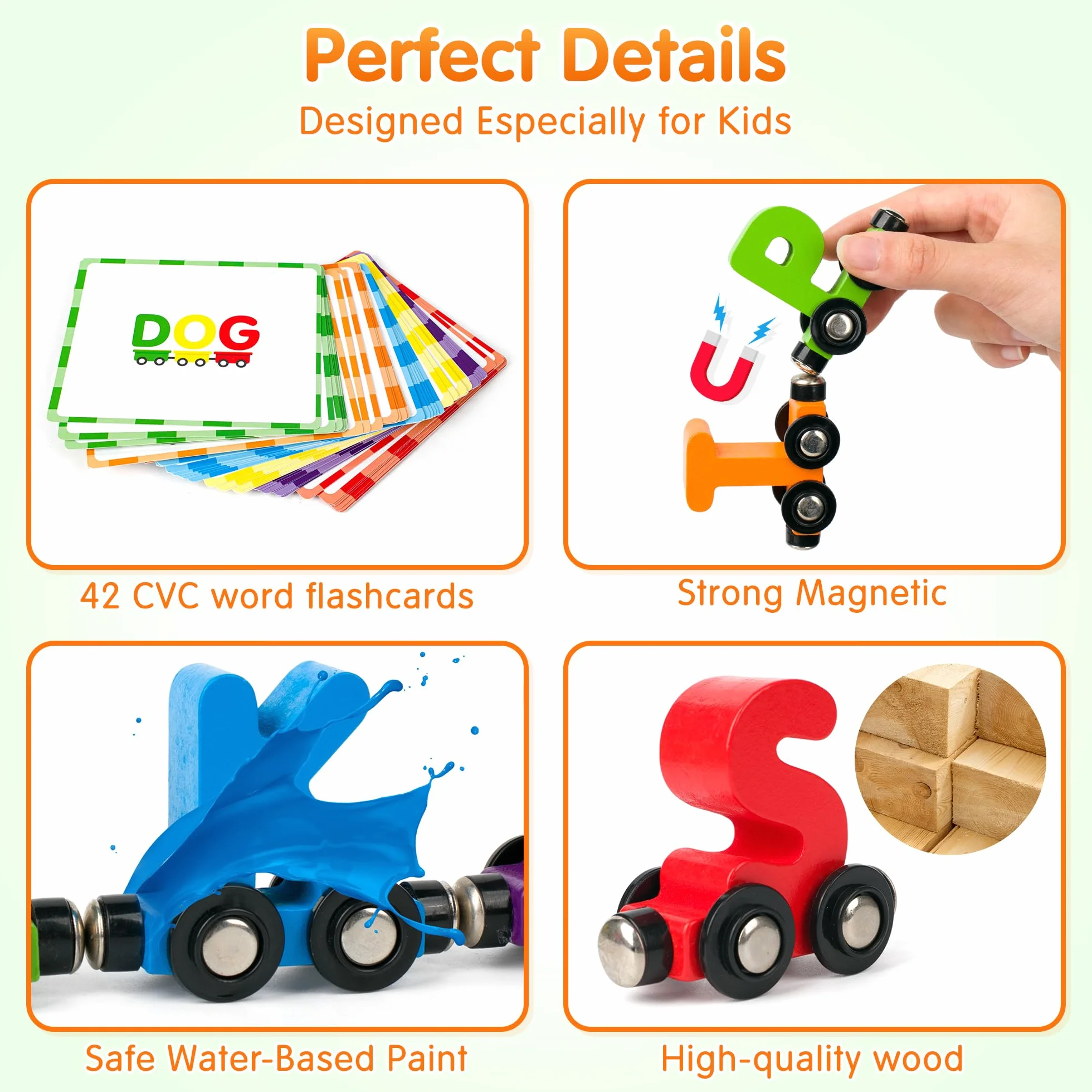 Vanmor 27pcs Magnétique en Bois Alphabet Train Set ABC Apprentissage Jouet avec 42 Cartes Mémoire Flash, Moteur, Sac de Rangement