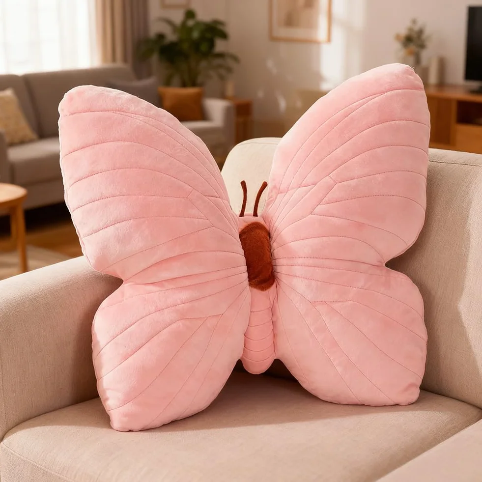 Coussin en peluche papillon 40 cm décoratif rose