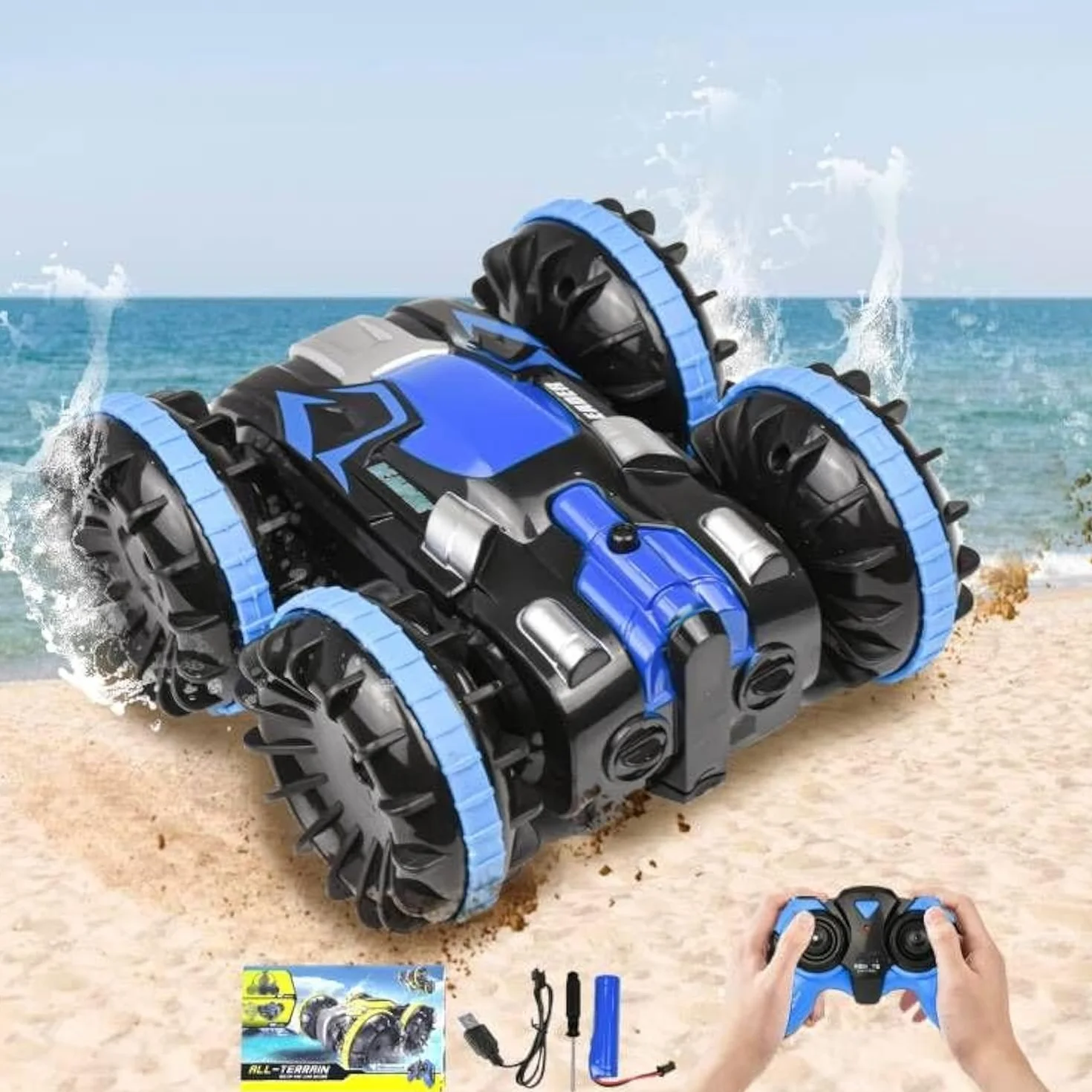 Zequech Véhicule amphibie télécommandé, Rotation à 360°, télécommande 2.4GHz, étanche, pour Enfants 6 Ans+, Bleu