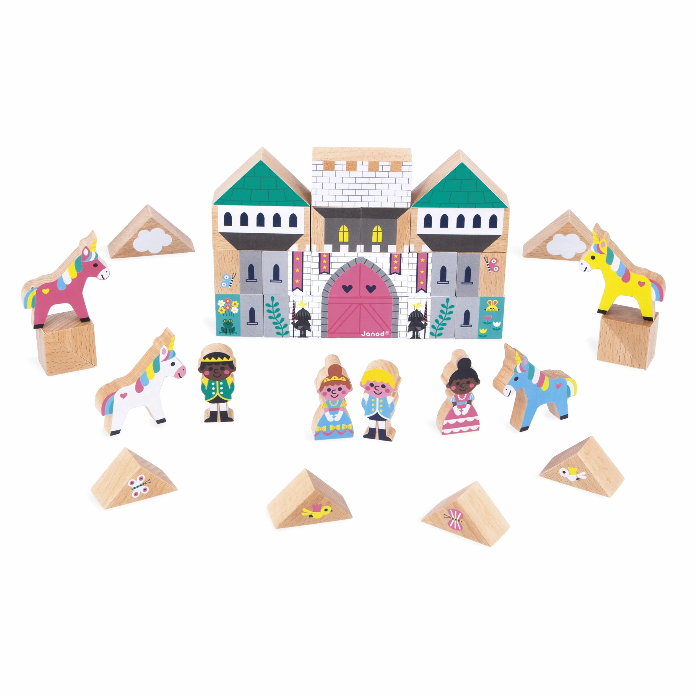 Janod Set de 35 Cubes en Bois Massif Thème Royaume Enchanté Jouet de Construction Dès 2 Ans