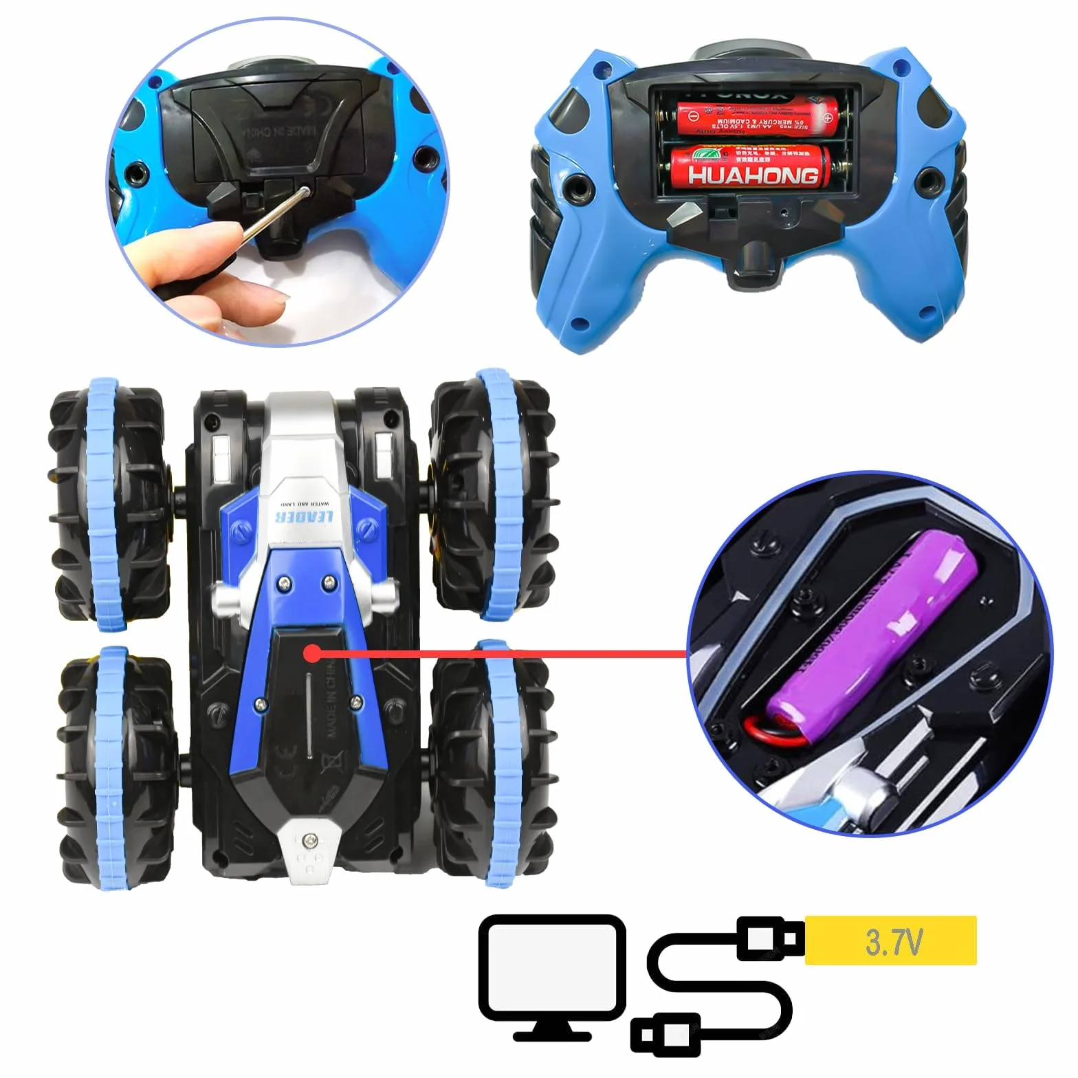 Zequech Véhicule amphibie télécommandé, Rotation à 360°, télécommande 2.4GHz, étanche, pour Enfants 6 Ans+, Bleu