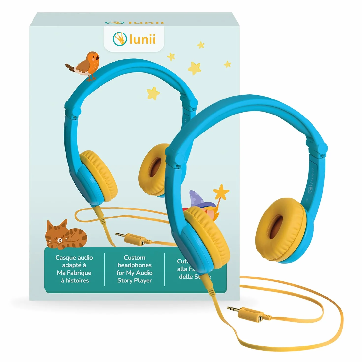 Lunii Casque Audio Enfant Filaire Pliable Réglable Compatible Ma Fabrique à Histoires FLAM 3-12 Ans Bleu