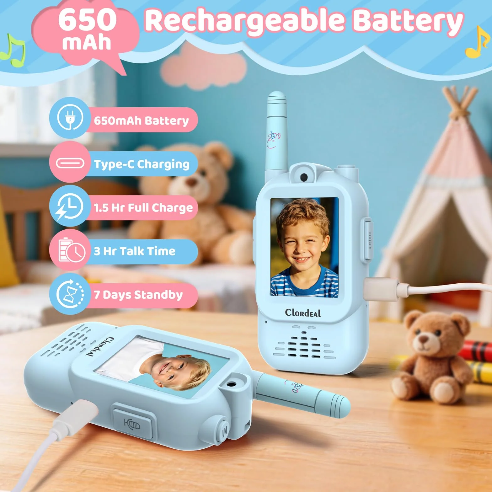 Talkie Walkie Enfant Longue Portée Rechargeable Écran LCD 2" Appel Vidéo 6 Effets Vocaux Appareil Photo Pack de 2 Bleu