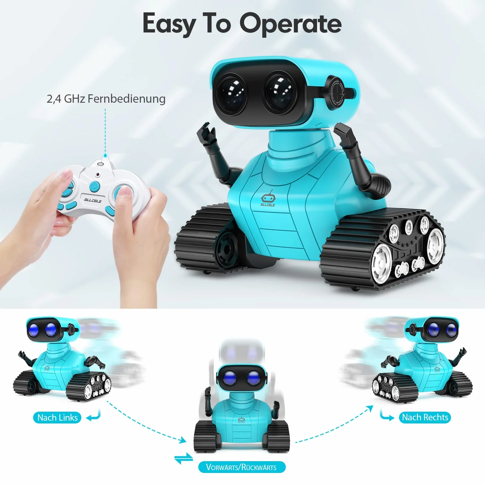 ALLCELE Robot Enfant Jouet Télécommandé Rechargeable avec Yeux LED Musique Sons pour Garçons Filles 3-8 Ans Cadeau Anniversaire Bleu