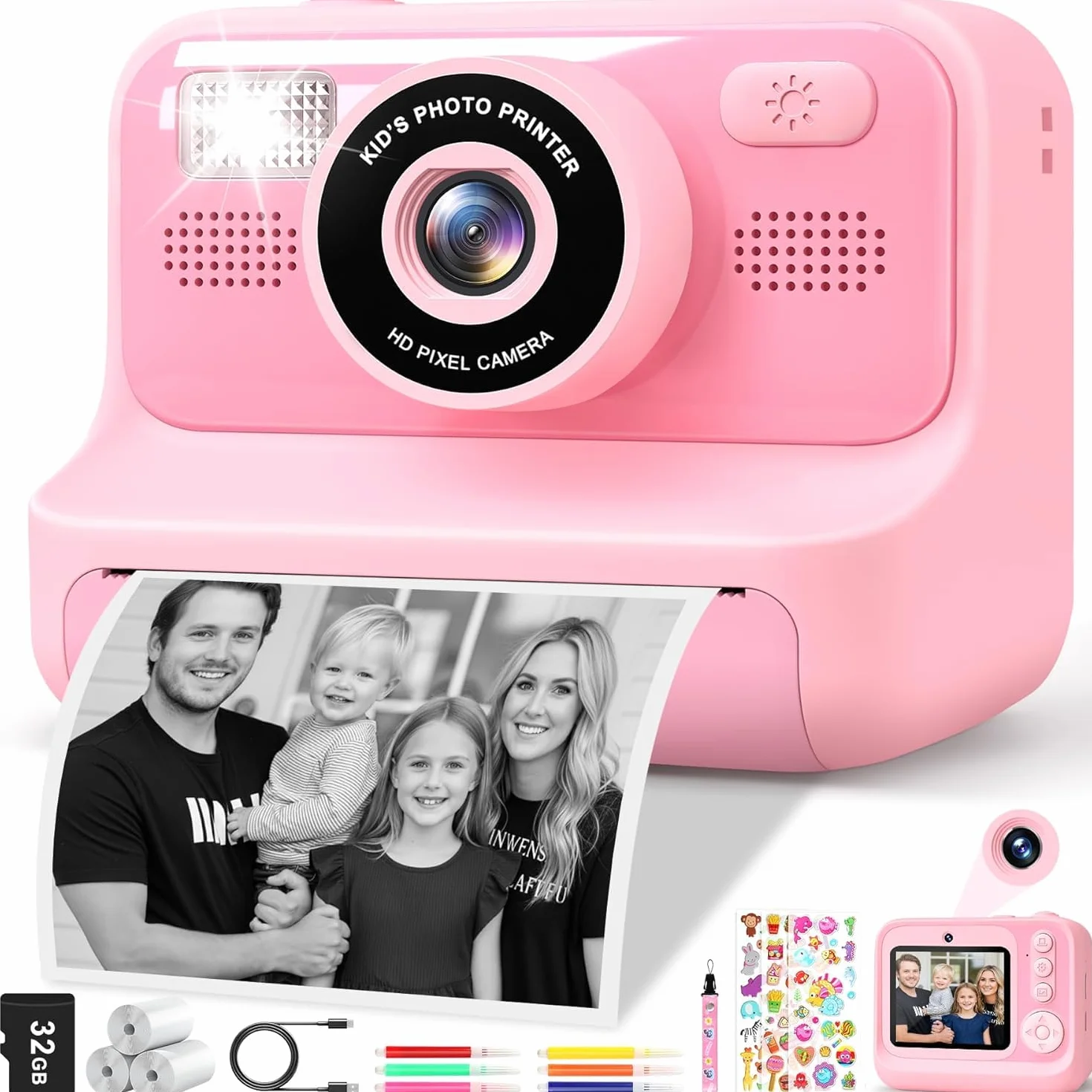 Appareil Photo Instantané Enfants 2.4" Écran Selfie avec Carte 32GB et 3 Rouleaux Papier, Jouet Cadeau Noël Fille Garçon 3-12 Ans Rose