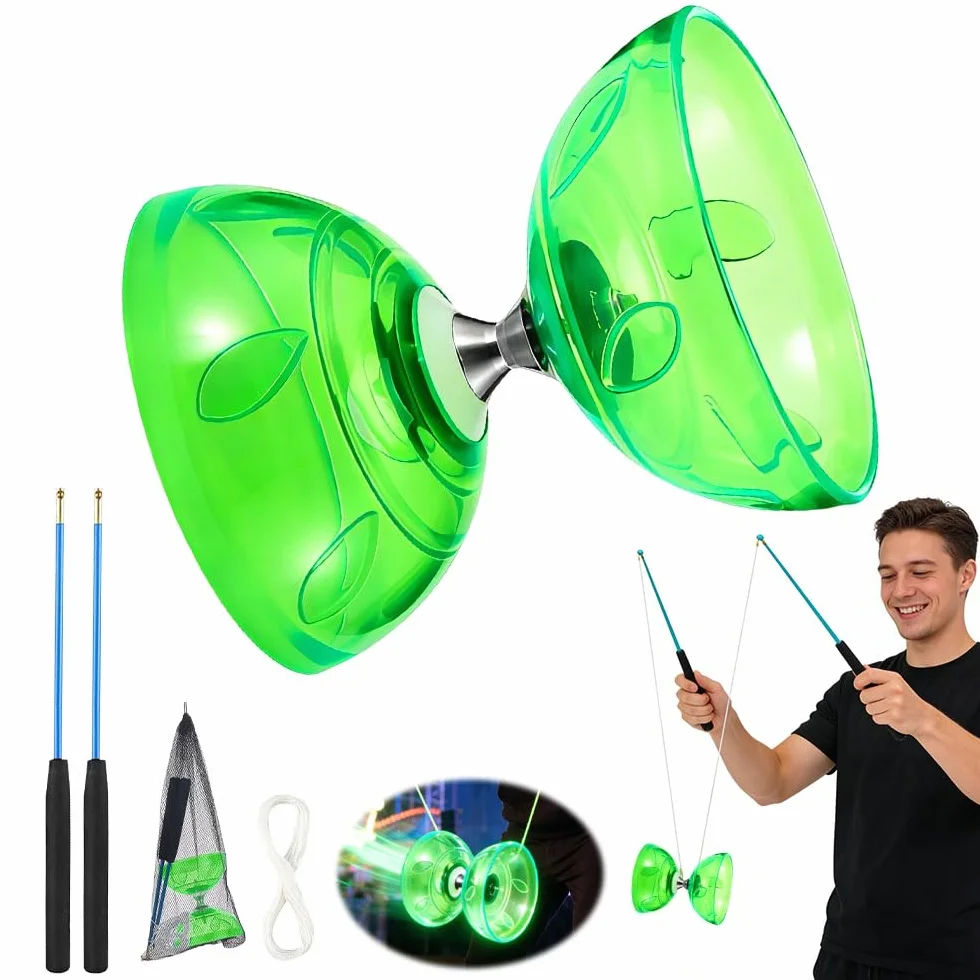 Kit de Jonglerie Diabolo avec Roulement à Billes et Lumière LED, Caoutchouc Souple Transparent, Vert