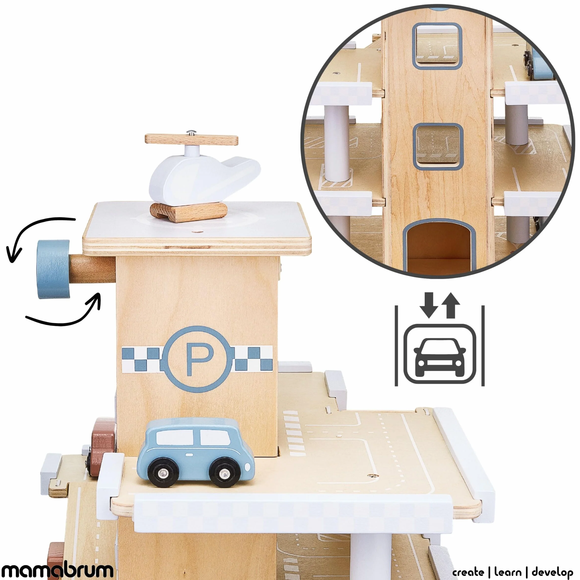 Garage Voitures en Bois 3 Niveaux avec Ascenseur et Piste d'Atterrissage Jouet Éducatif 45x30x37cm CE EN71