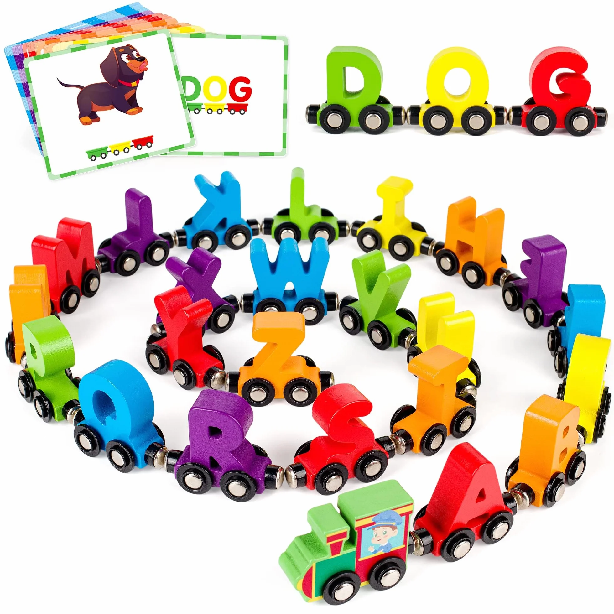 Vanmor 27pcs Magnétique en Bois Alphabet Train Set ABC Apprentissage Jouet avec 42 Cartes Mémoire Flash, Moteur, Sac de Rangement