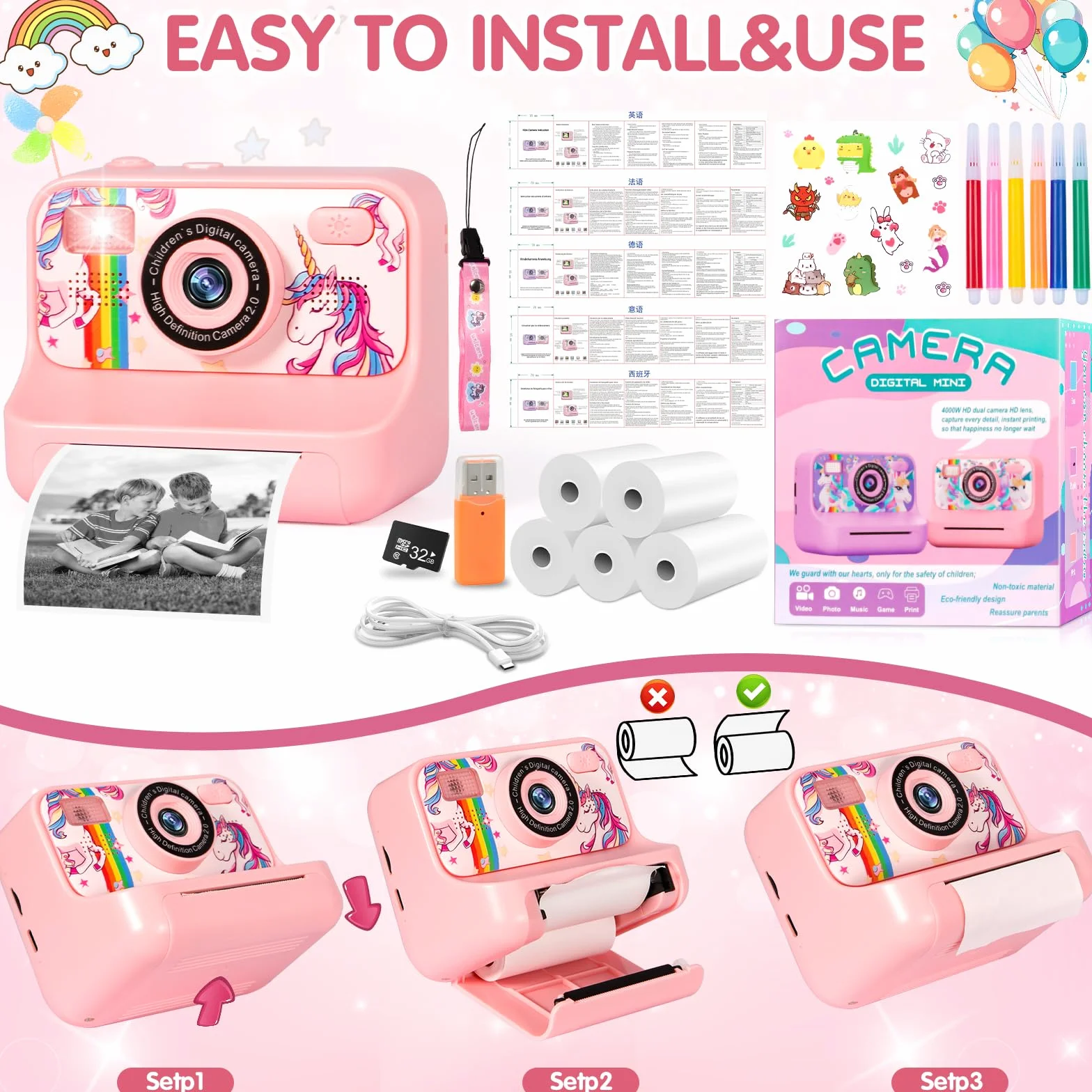 Appareil Photo Instantané Enfant 1080P Numérique avec Carte 32GB, 2.4 Pouces, Cadeau Filles Garçons 3-12 Ans