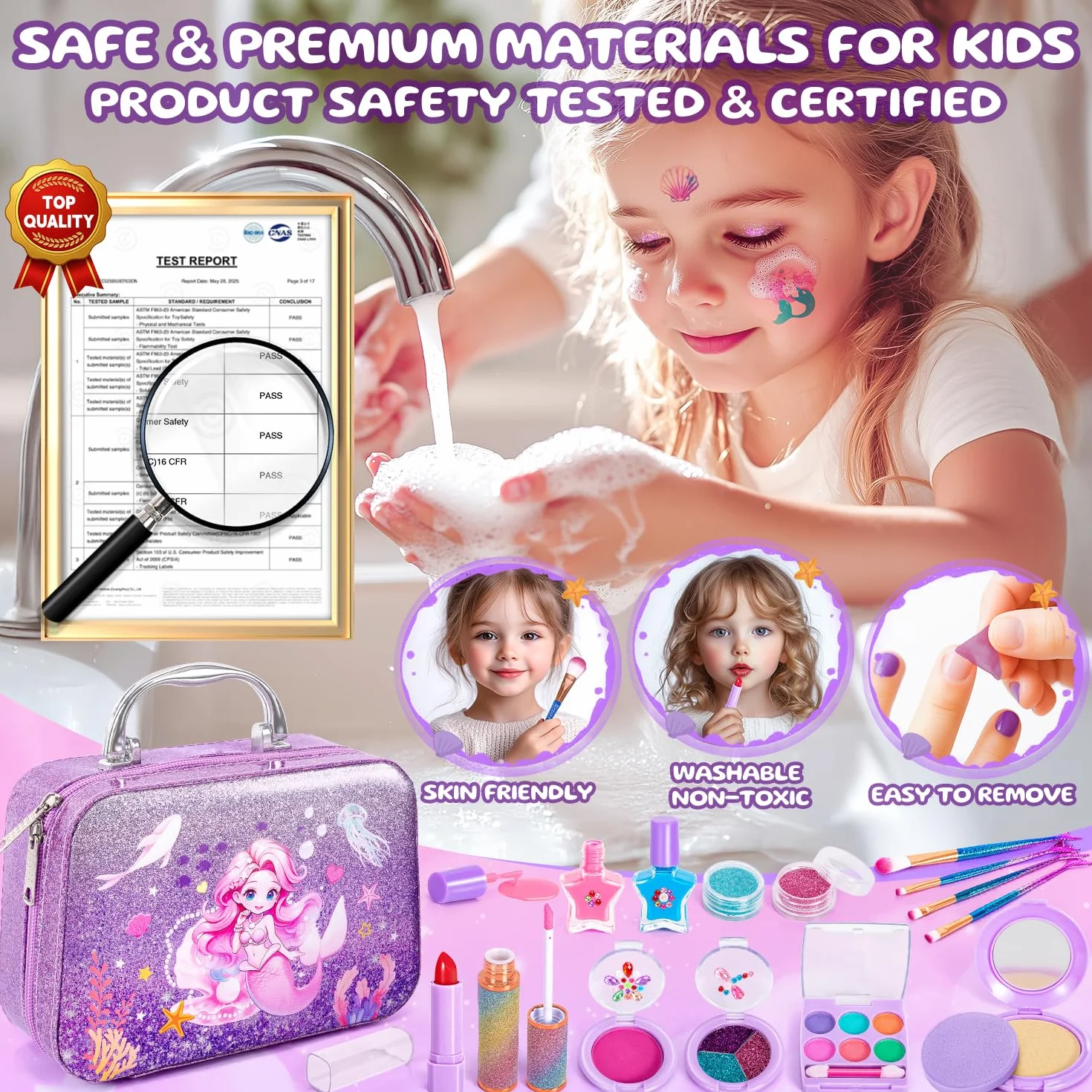 Kit Maquillage Enfant Fille avec Vernis à Ongles, Coffret Maquillage Princesse Jouet Non Toxique Lavable Cadeau Noël 3-10 Ans
