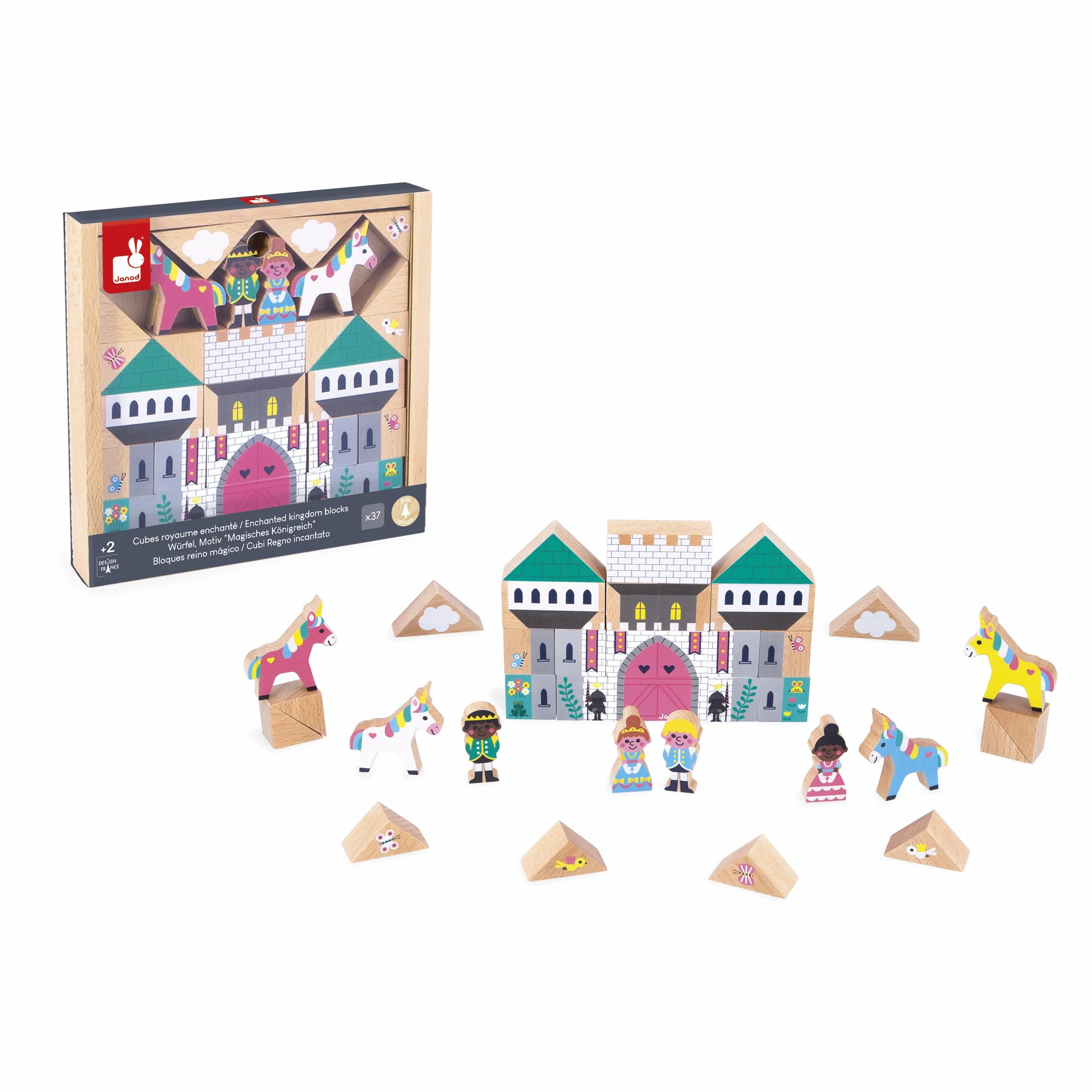 Janod Set de 35 Cubes en Bois Massif Thème Royaume Enchanté Jouet de Construction Dès 2 Ans