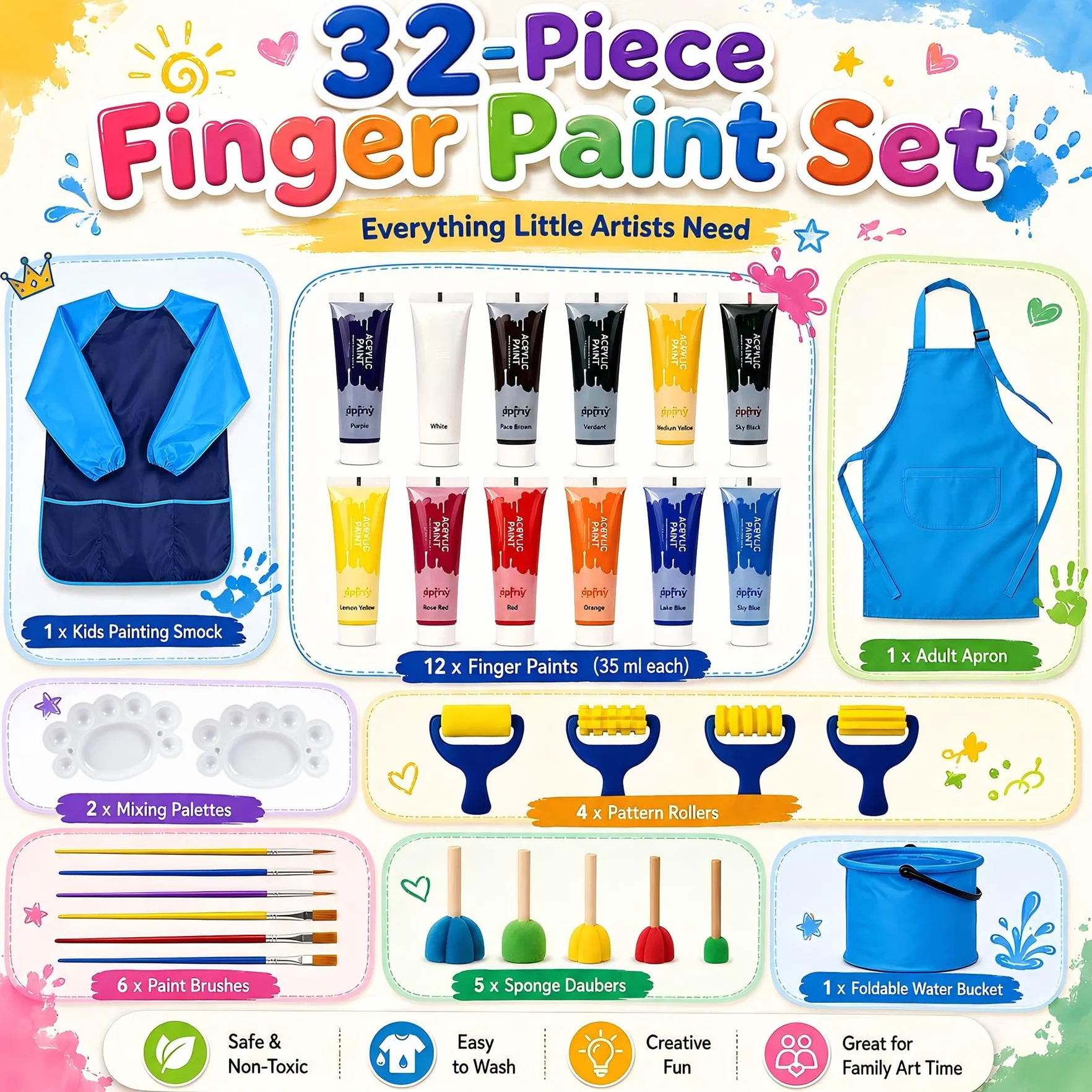 Kit Peinture aux Doigts Enfant 12 Couleurs 35 ml Lavable avec Pinceaux Éponges Palette Seau Pliable Tabliers Cadeau Garçon 6-8 Ans Bleu