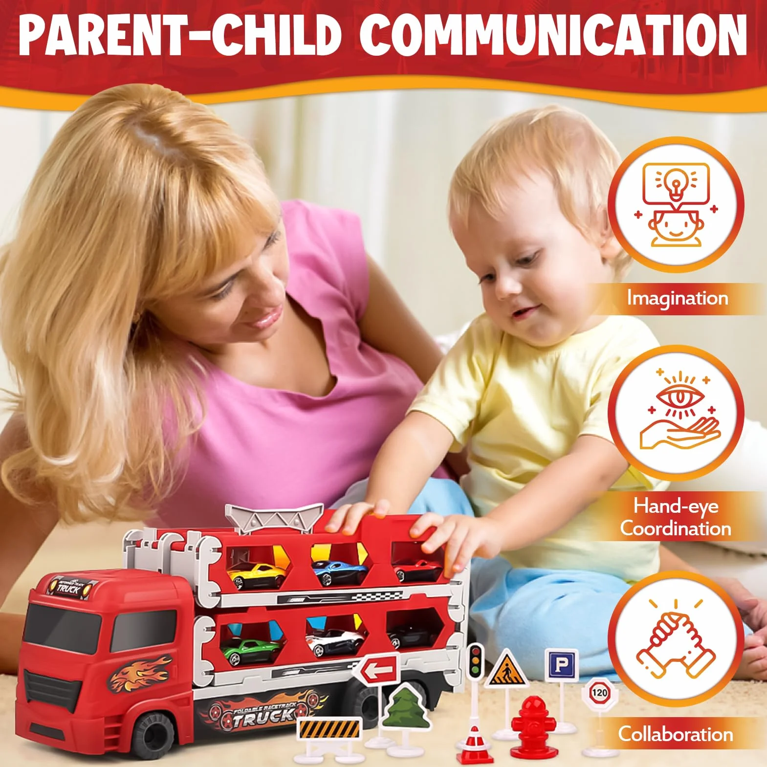 Aoskie Camion de Course Pliable Double Couche avec 6 Voitures à Tirer en Alliage pour Enfants