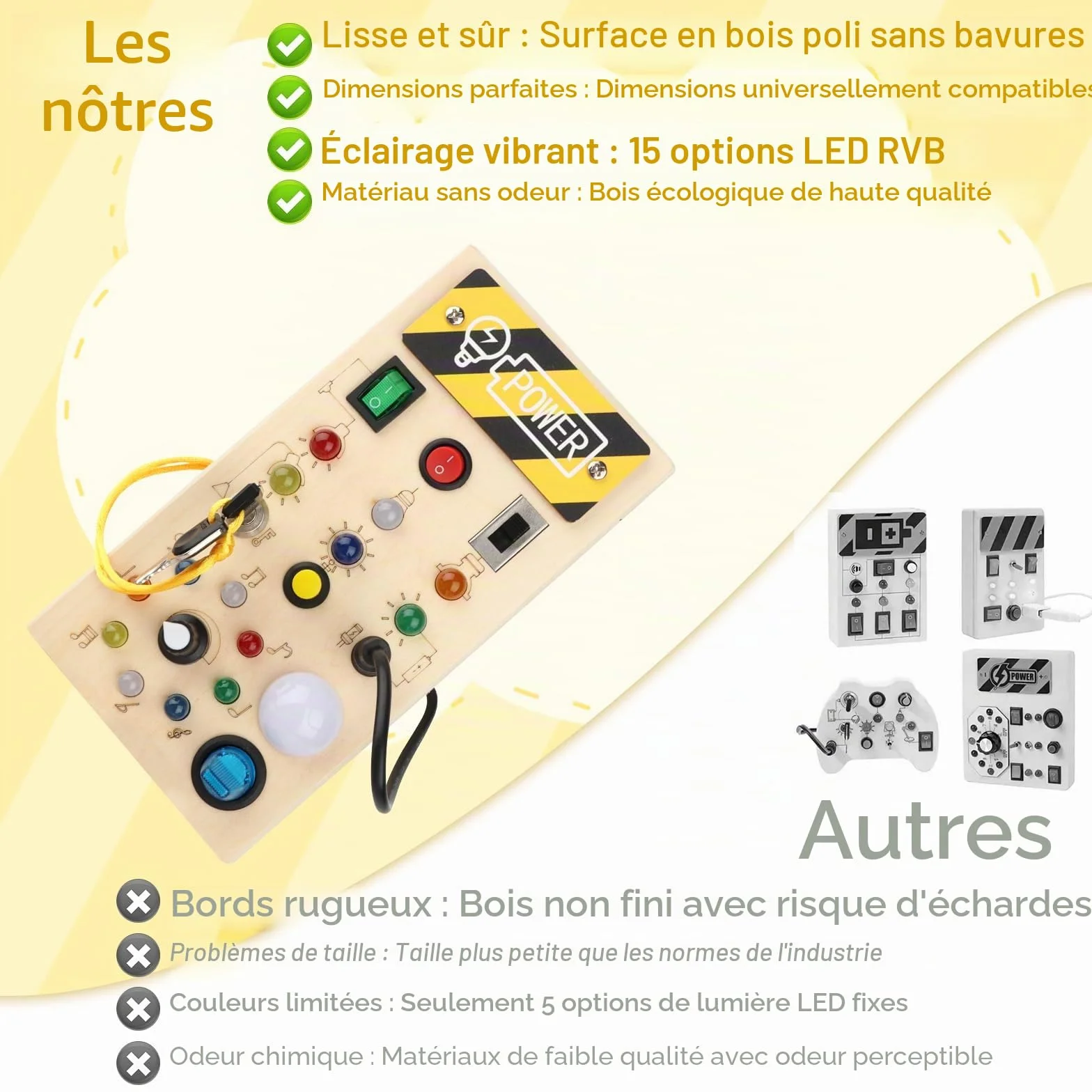 Talifoca Montessori Busy Board 1 an, Planche d'activité en bois avec 8 interrupteurs LED, jouet d'apprentissage sensoriel