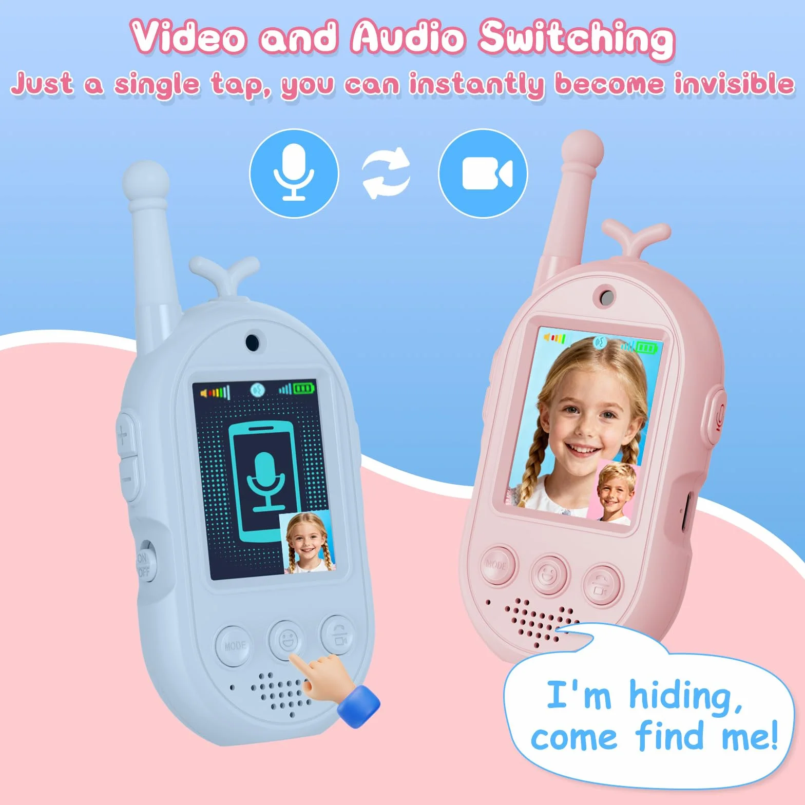 Talkie Walkie Enfants avec Vidéo, 2 Talkies Walkies Rechargeables, Communication Radio Bidirectionnelle, Cadeau 3-12 Ans (Rose + Bleu)