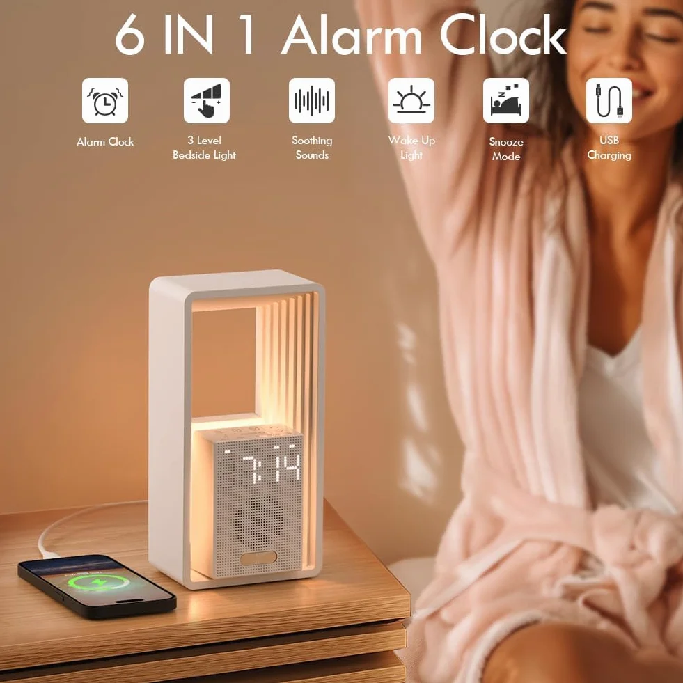 FullView Réveil intelligent simulation lever coucher soleil contrôle application double alarme lumière ambiance multicolore chargement sans fil