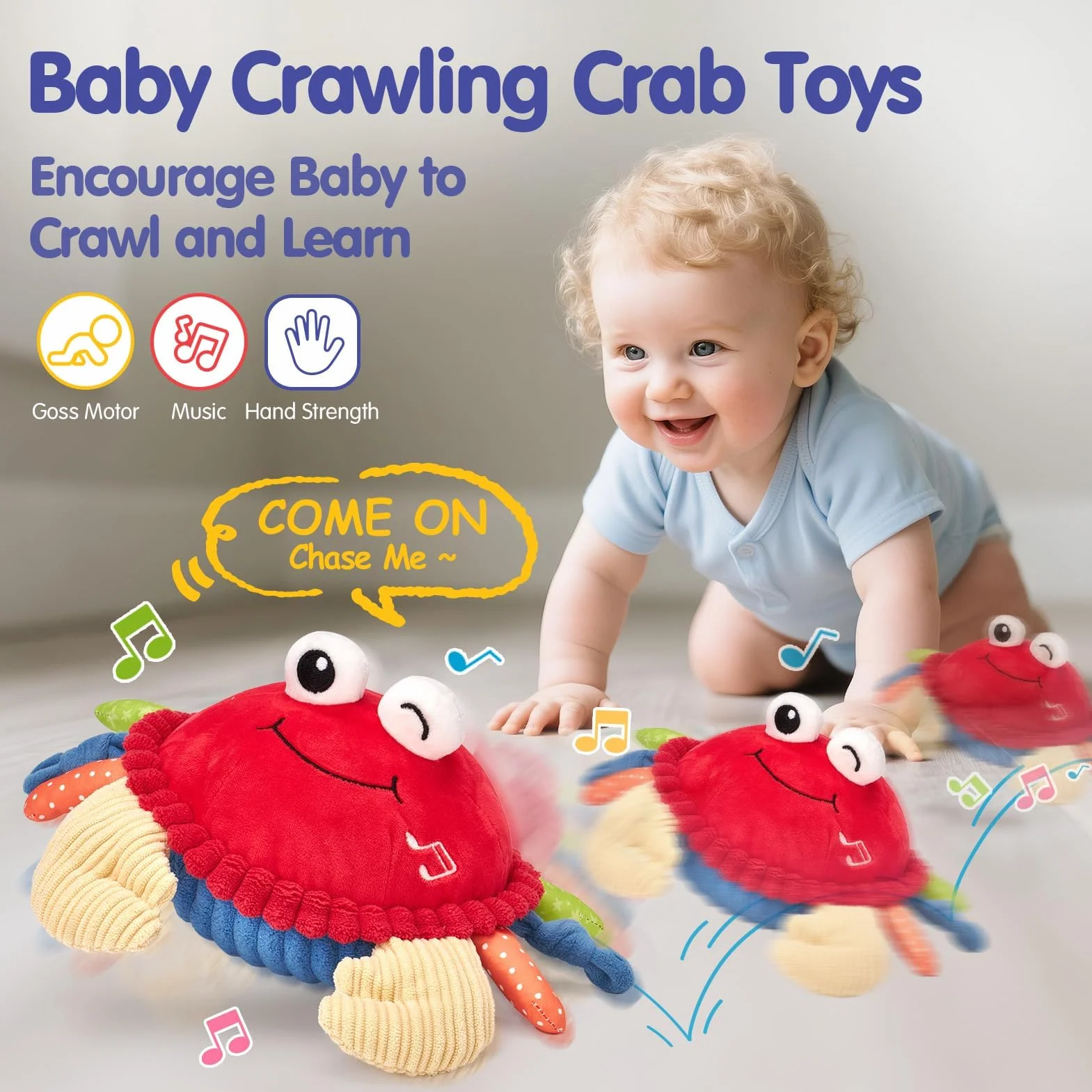 Jouet Bebe 6-12 Mois, Crabe Qui Marche avec Musique et Enregistrement, Jouets en Peluche Interactifs Tummy Time