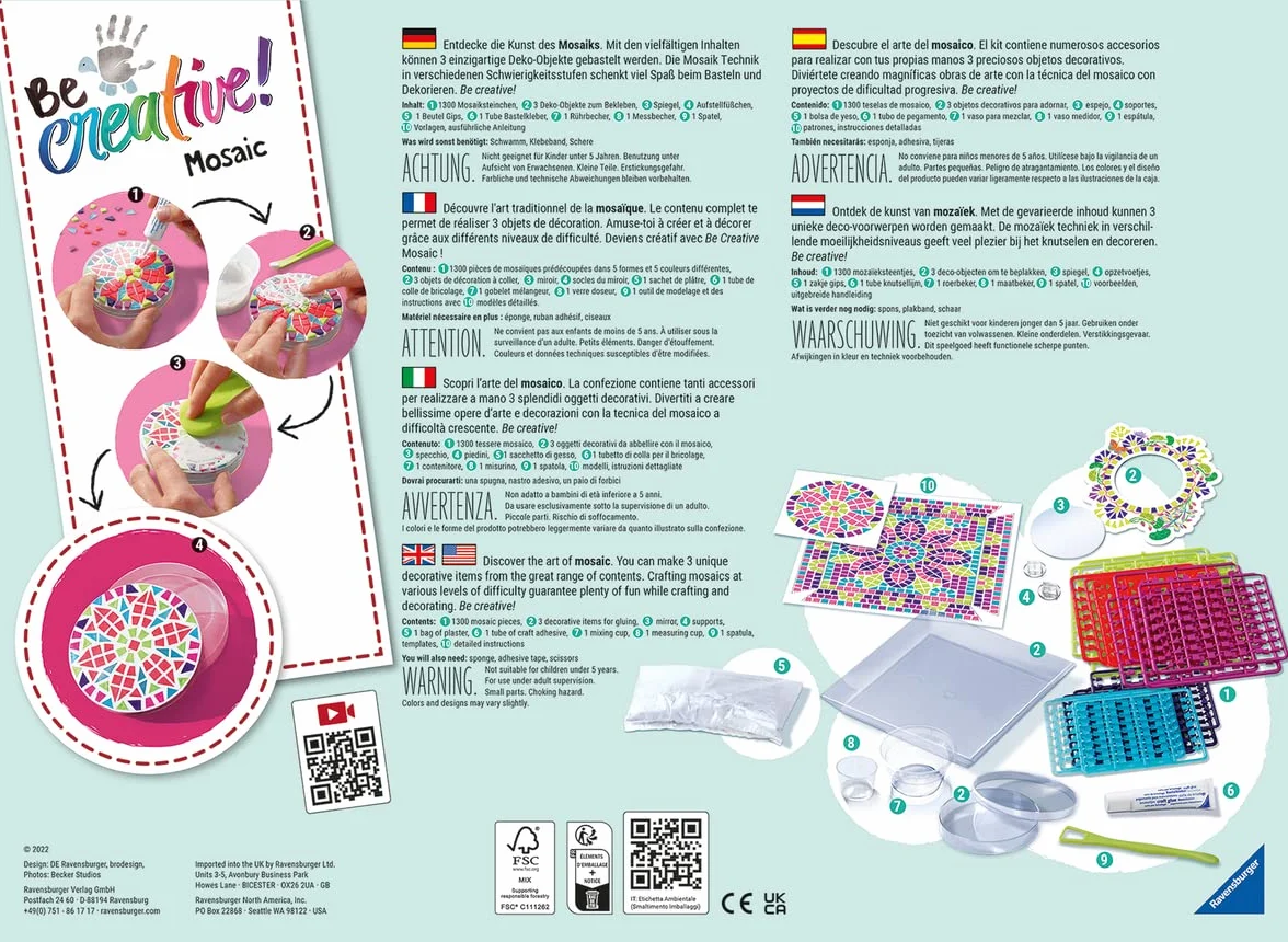 Ravensburger Be Creative Mosaïque Maxi 3 Objets à réaliser Décoration Loisir créatif Dès 8 Ans