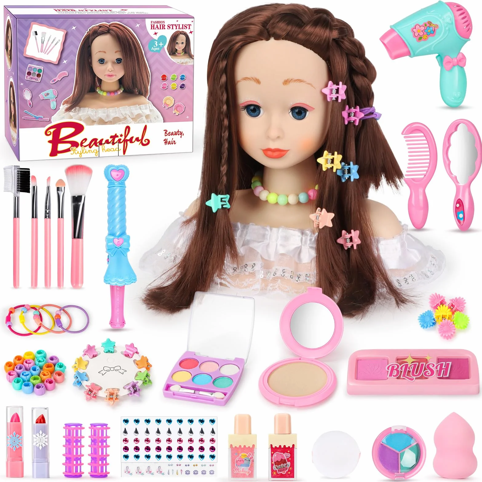 Têtes à Coiffer Enfant 66 Pièces Jouet de Maquillage et de Coiffure Cadeau Anniversaire Noël 3 Ans