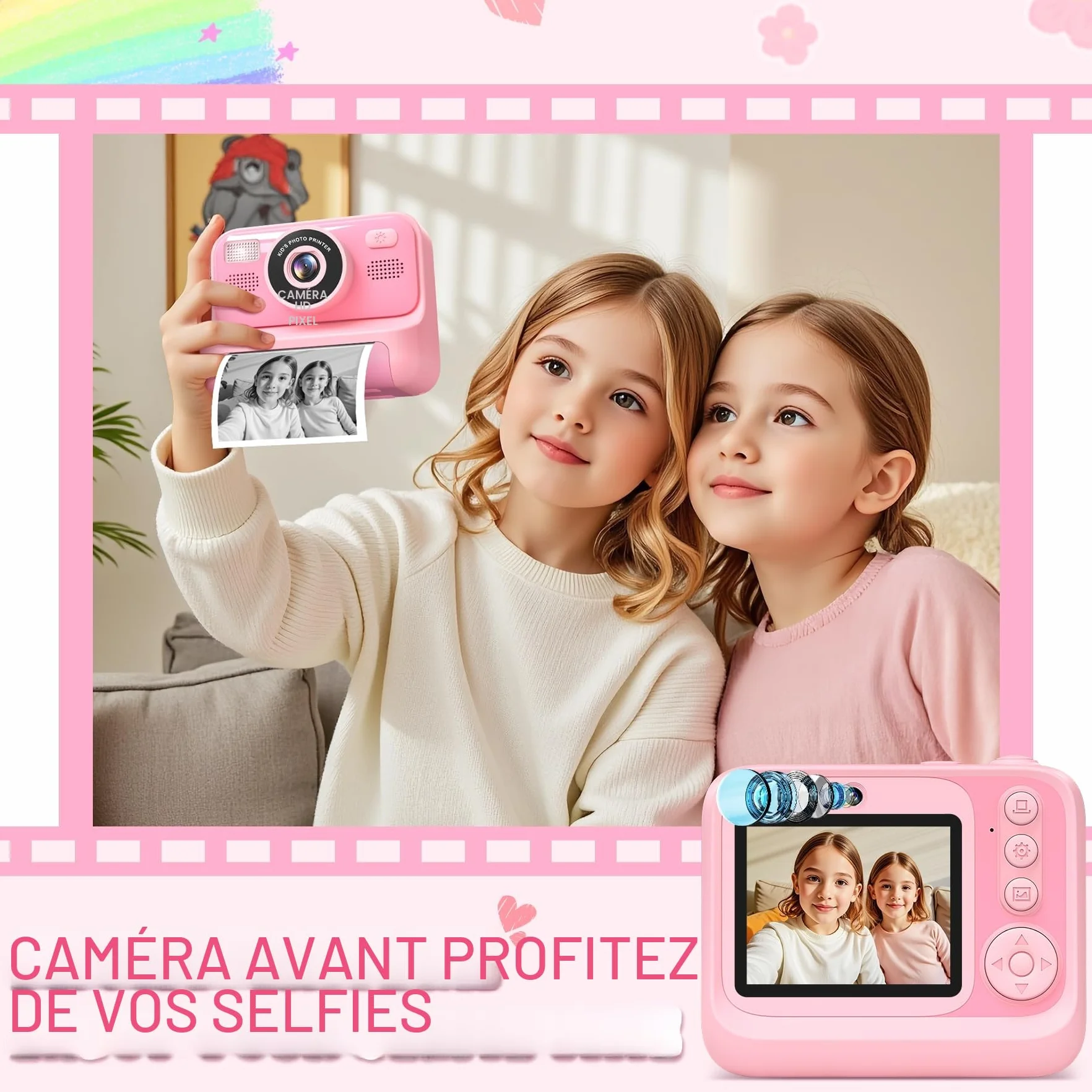Appareil Photo Instantané Enfant 2.4 Écran Numérique avec Mode Selfie 32GB Papier d'impression Cadeau Jouet Garçons Filles 3-12 Ans Rose