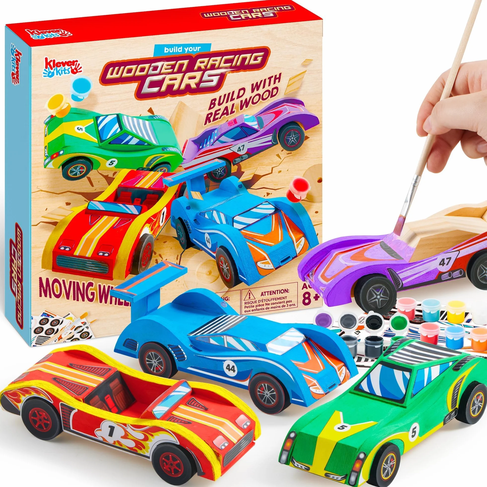 Klever Kits Kit de peinture pour voitures de course en bois, activités artistiques enfants 6-12 ans