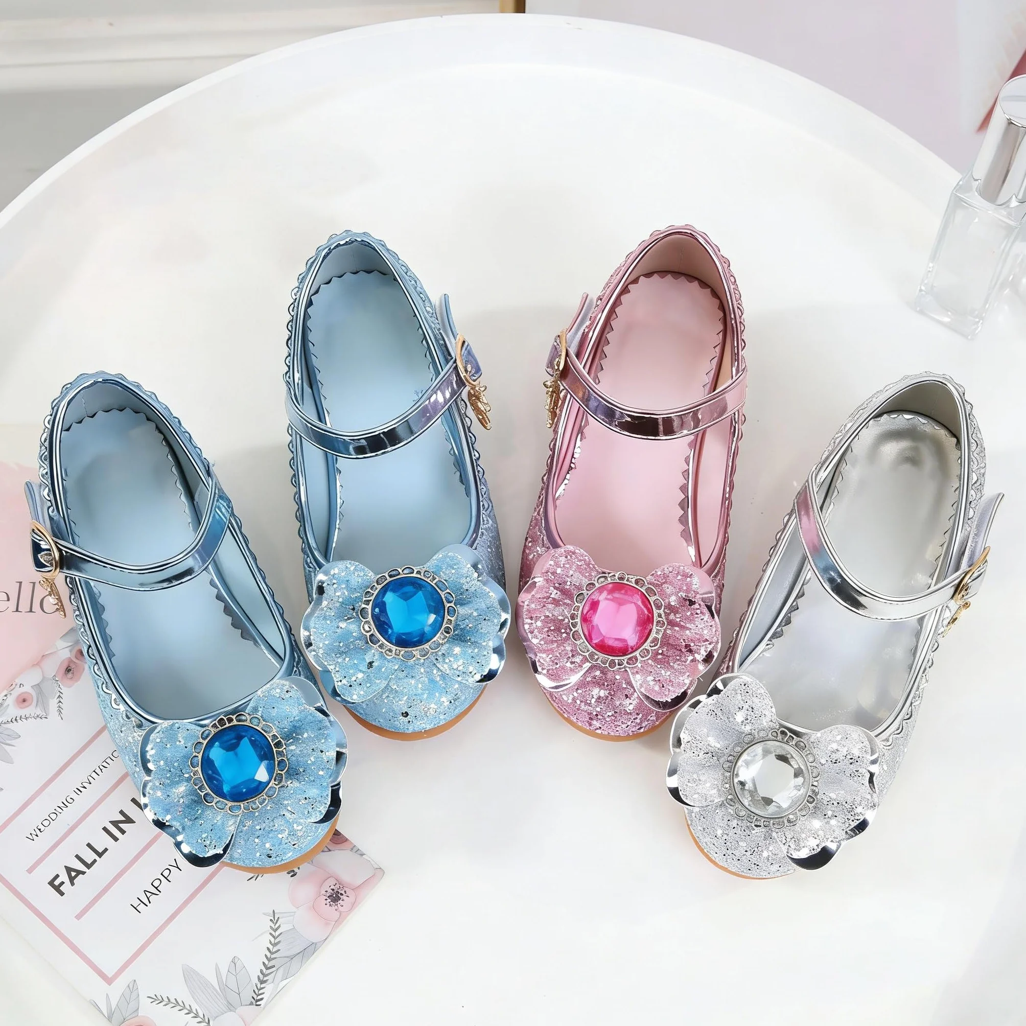 Chaussures Princesse Filles Paillettes Antidérapantes Talons Hauts Danse Fête Anniversaire Mariage 3-14 Ans Rose 24 EU