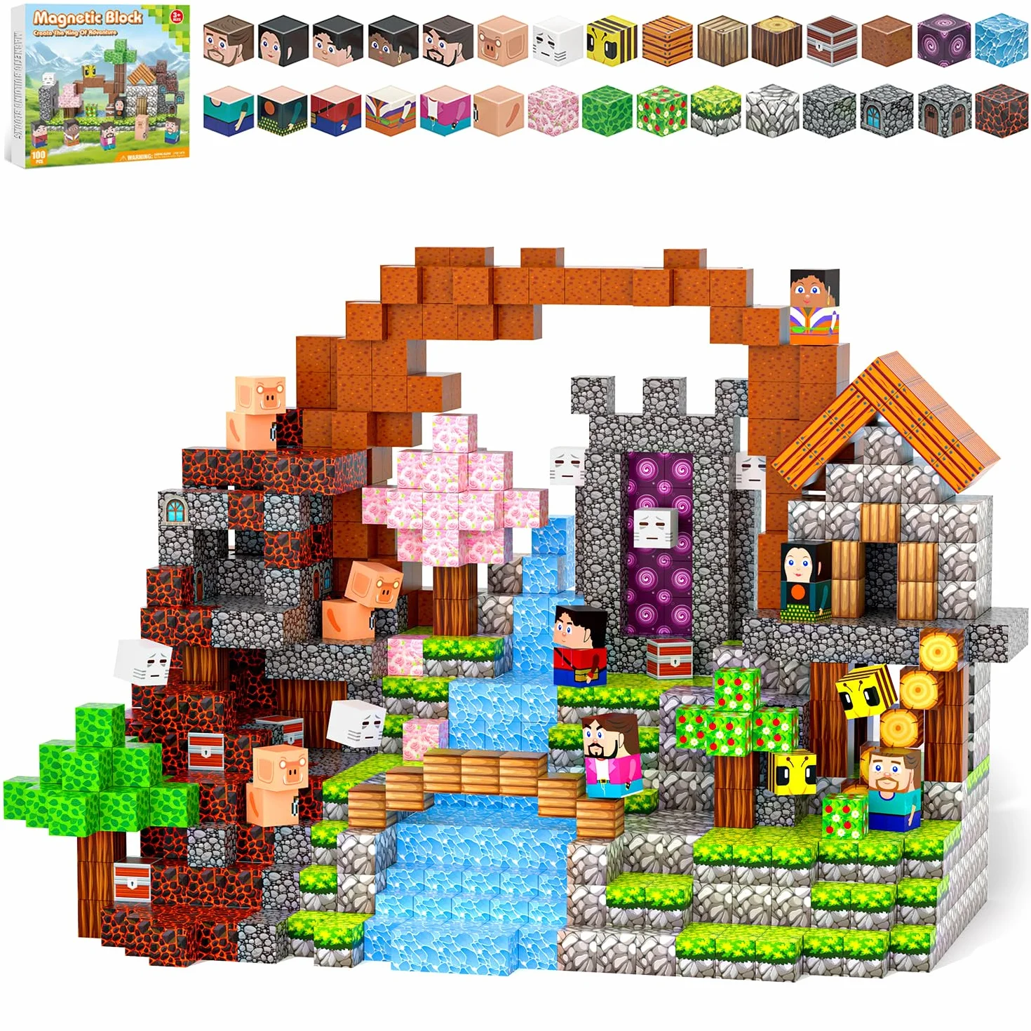 Bloc Construction Magnétique 100 PCS, Magnetic Blocks pour Enfant 3+ Ans, Cube Magnétique Garçon Fille