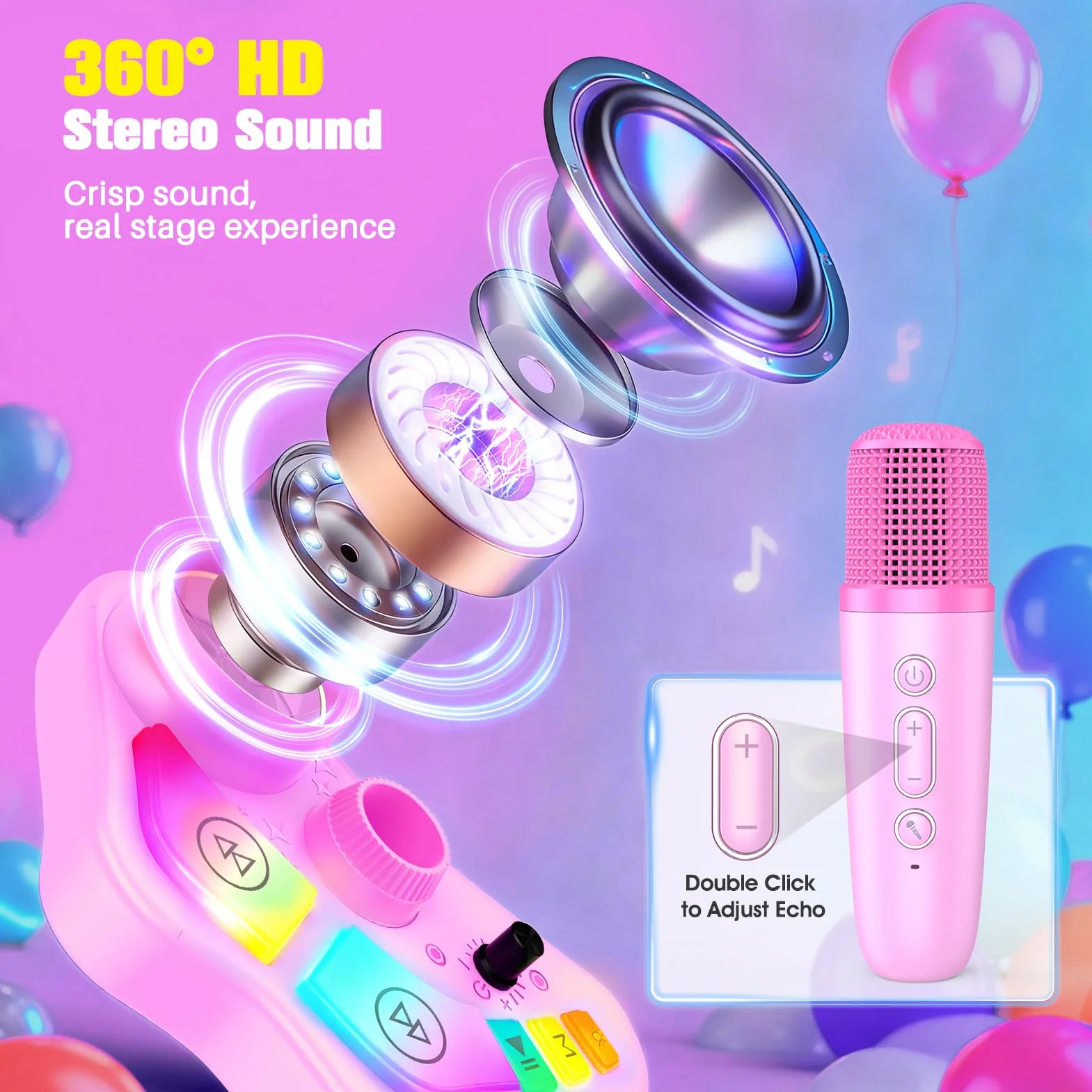 Microphone Enfant avec Support et Lumière, Micro Karaoke Bluetooth/TF/USB, Cadeau Anniversaire Fille 3-12 Ans (Rose)