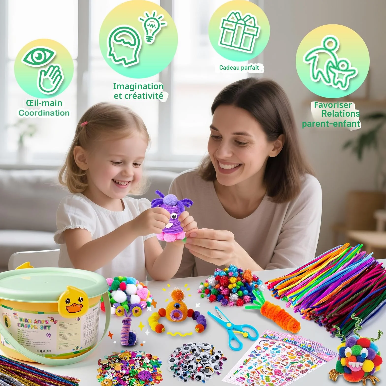 Sundaymot 5000 Kit Bricolage Enfants DIY Activité Manuelle avec Yeux Oscillants Pompons Paillettes Tissu Feutre Plumes 3+ ans