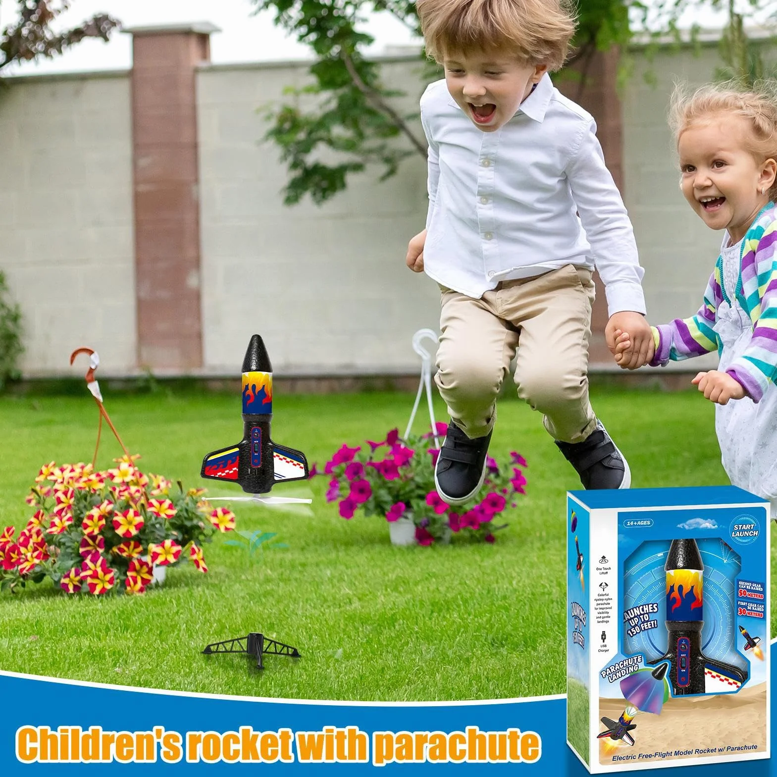 Kids Rocket Toy Launching Rocket with Parachute ABS Material LED Light Educational Science Outdoor Fun 18.3x9x24cm